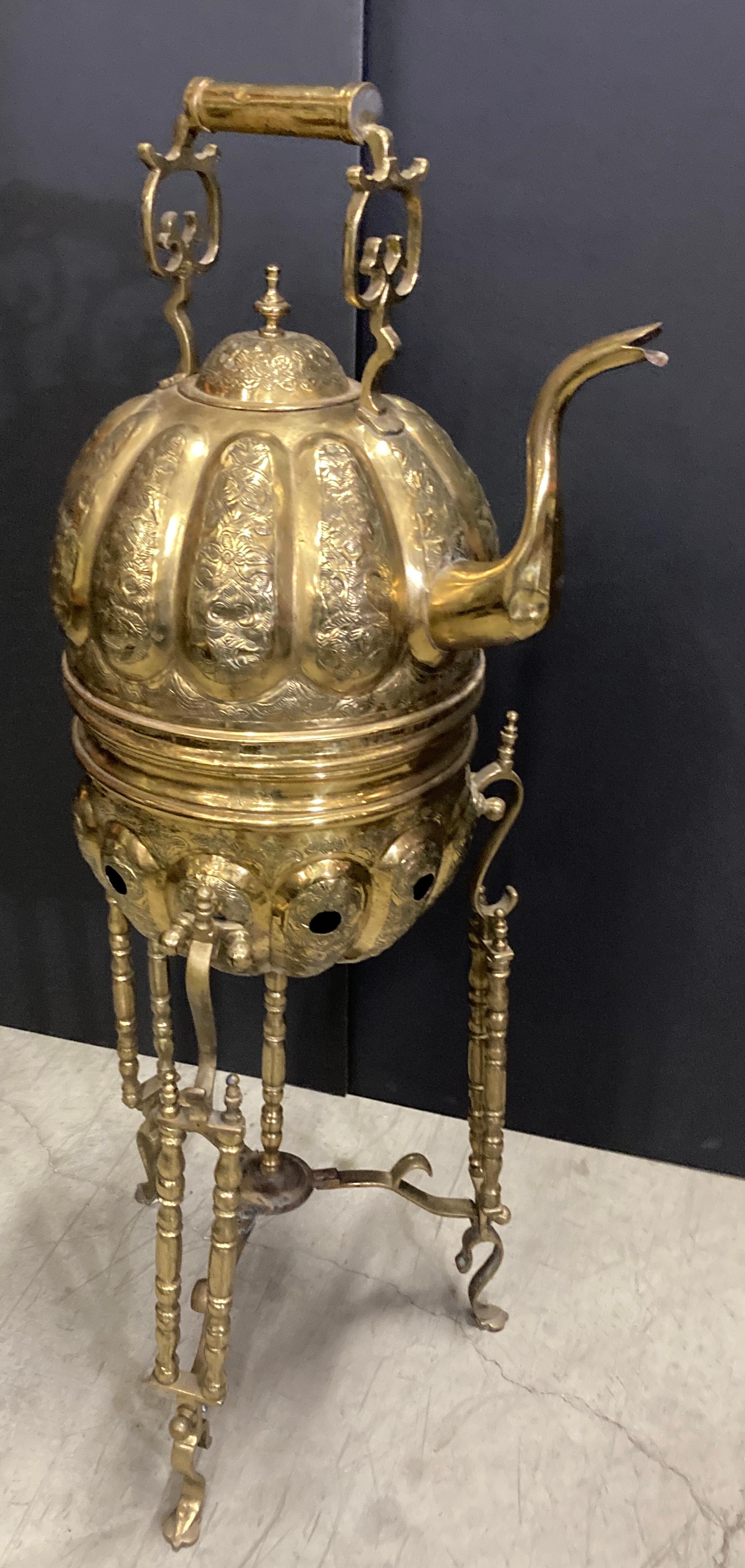 Moroccan Brass Tea Kettle on Stand Handcrafted in Fez Morocco For Sale 12