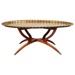 Moroccan Brass Tray Coffee Table on Mid-Century Style Base