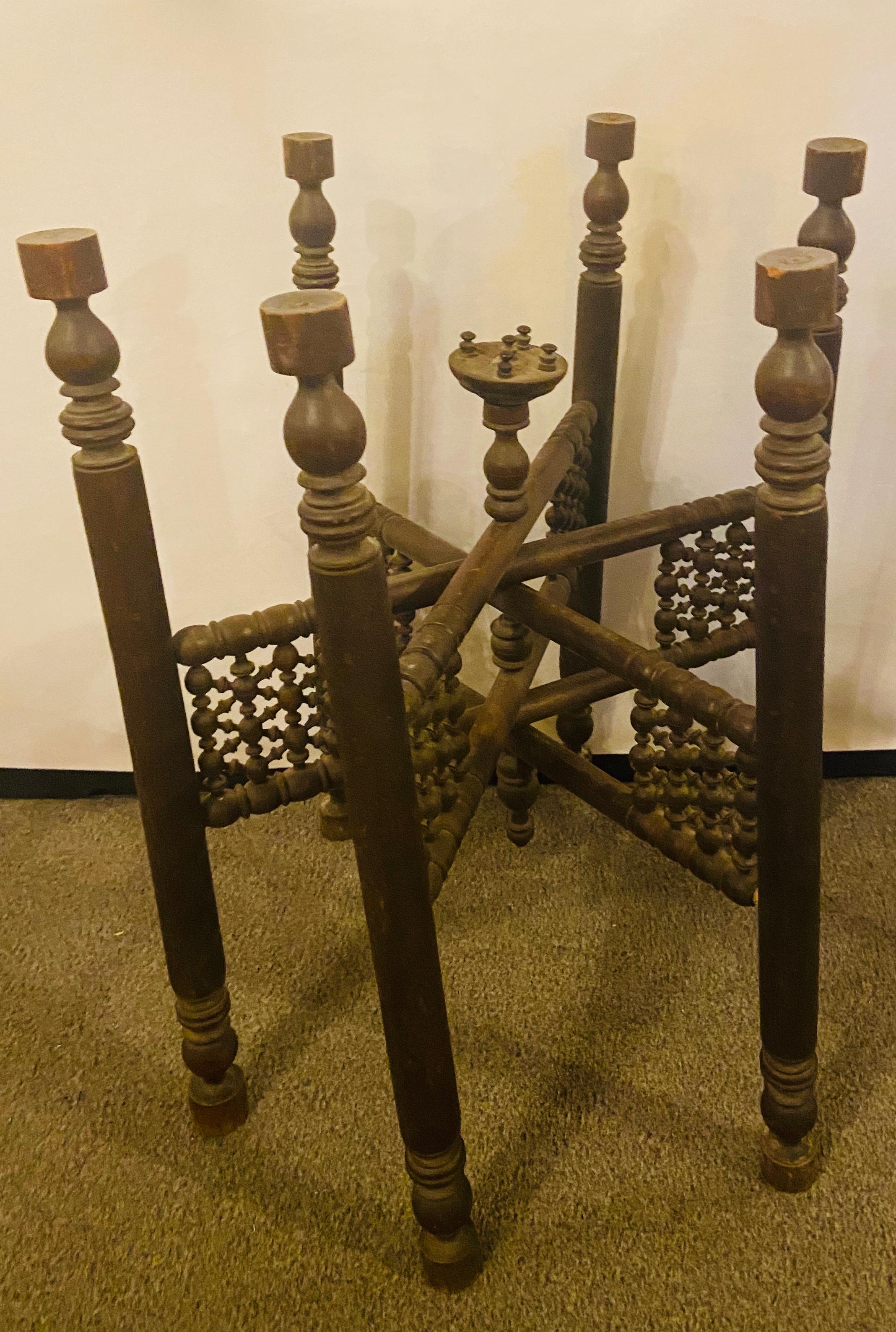 Moroccan Brass Tray with Hand Carved Wooden Ebonized Folding Base 6