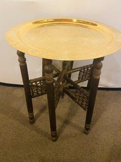 Moroccan Brass Tray with Hand Carved Wooden Ebonized Folding Base