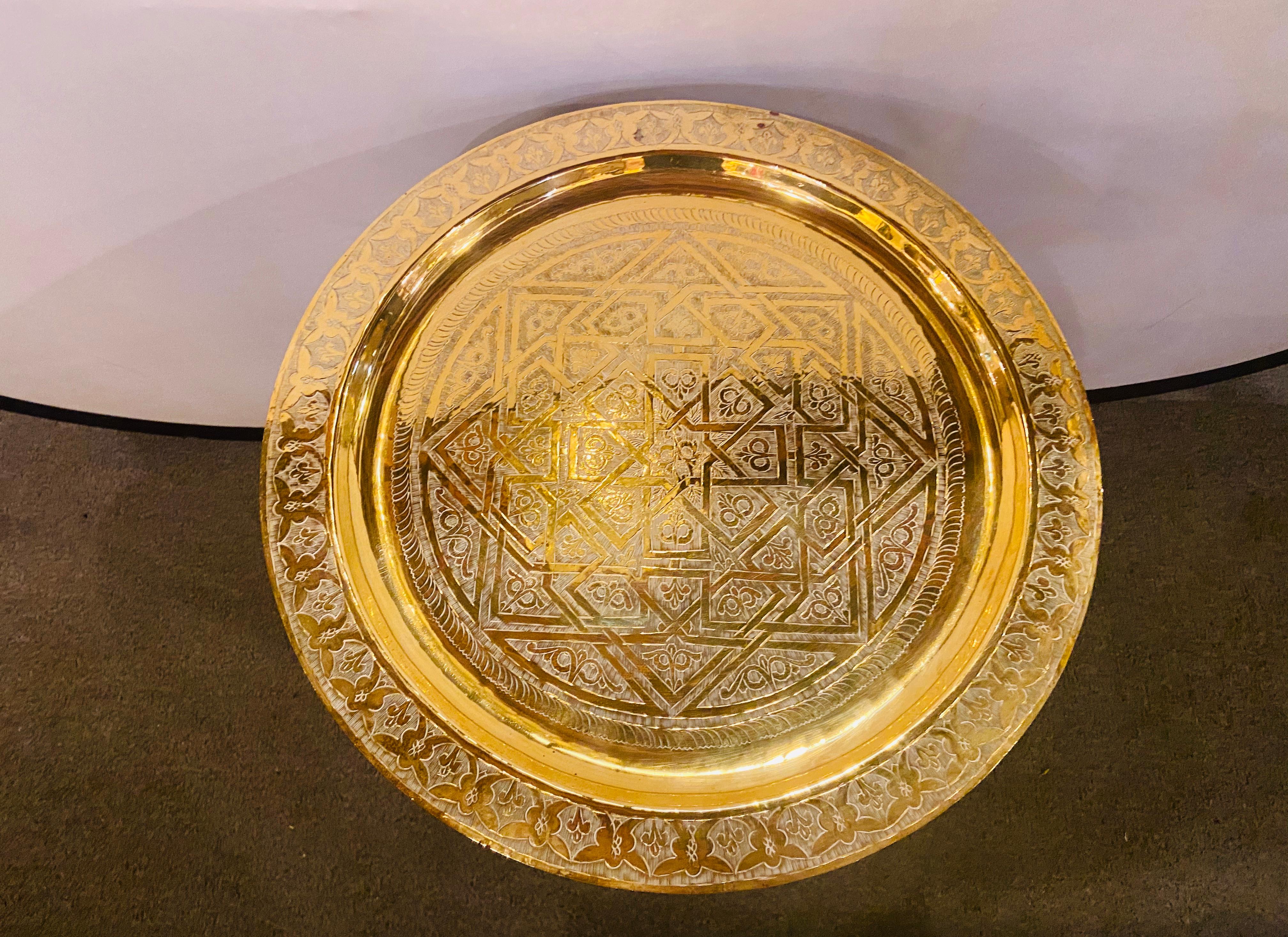 Moroccan Brass Tray with Hand Carved Wooden Ebonized Folding Base In Good Condition In Plainview, NY