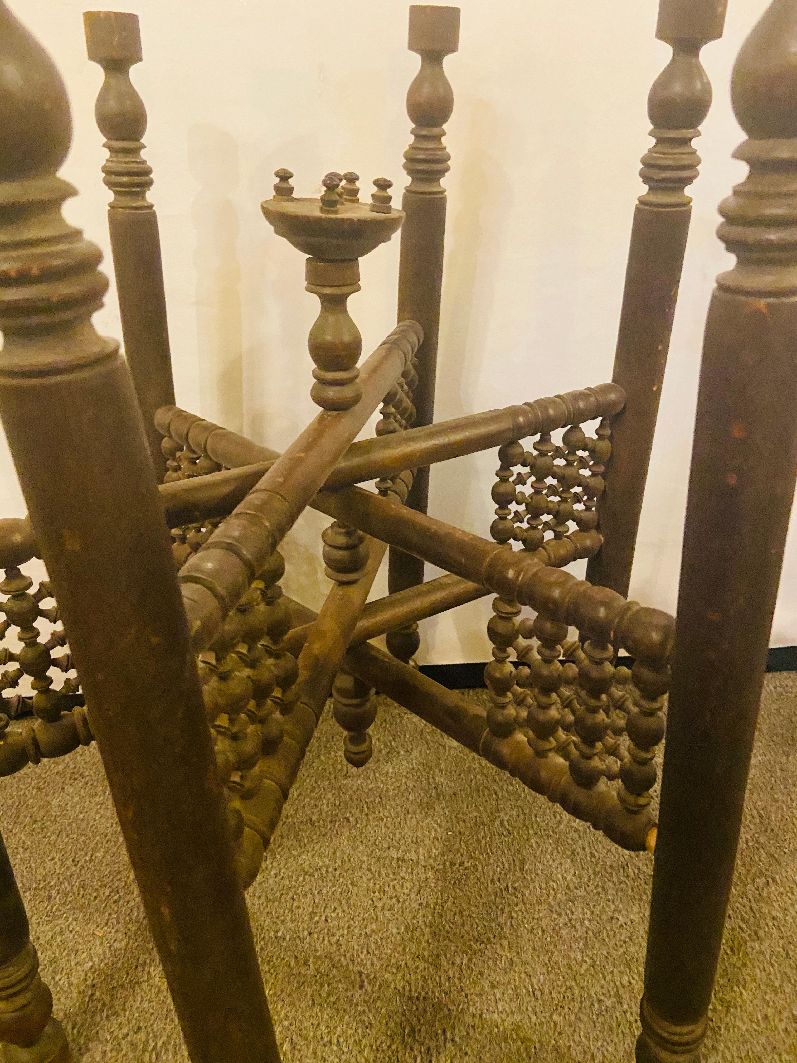 Moroccan Brass Tray with Hand Carved Wooden Ebonized Folding Base 2