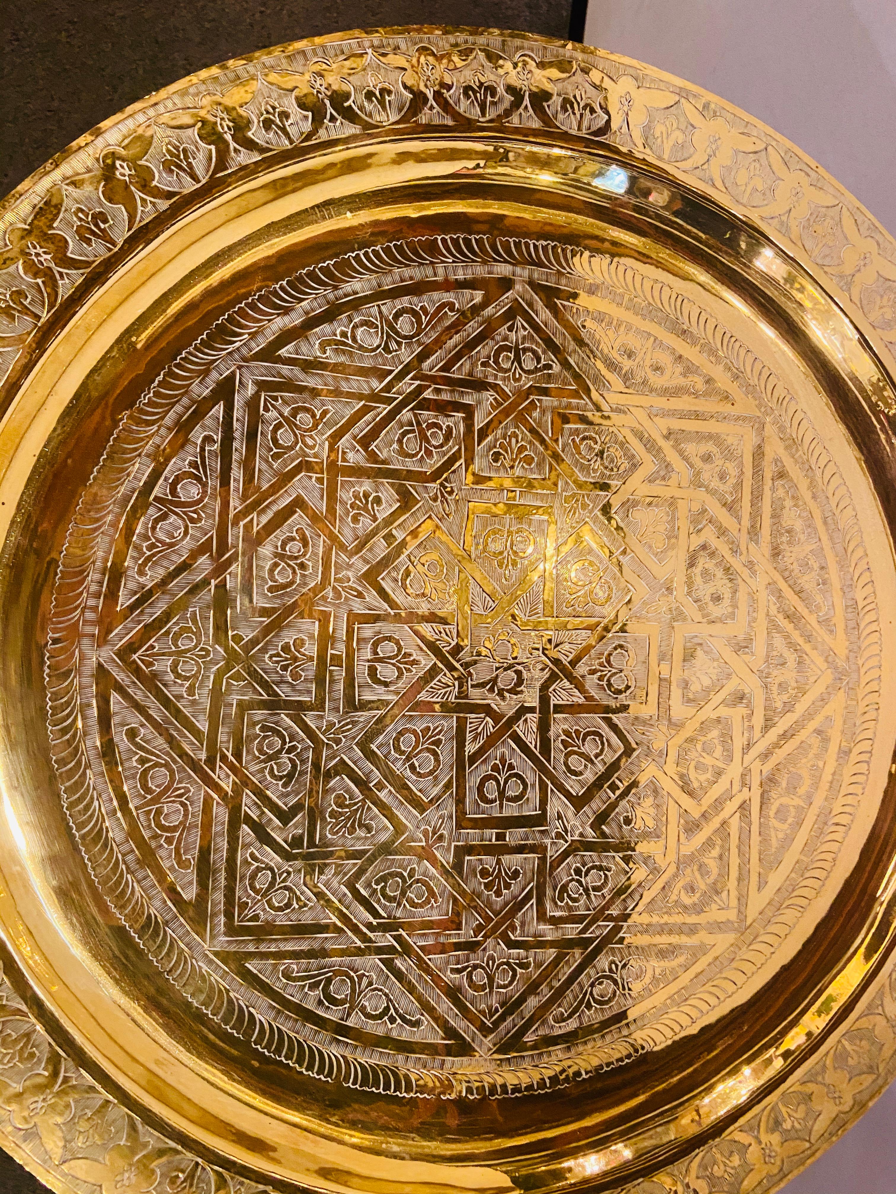 Moroccan Brass Tray with Hand Carved Wooden Ebonized Folding Base 4