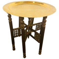 Retro Moroccan Brass Tray with Hand Carved Wooden Ebonized Folding Base