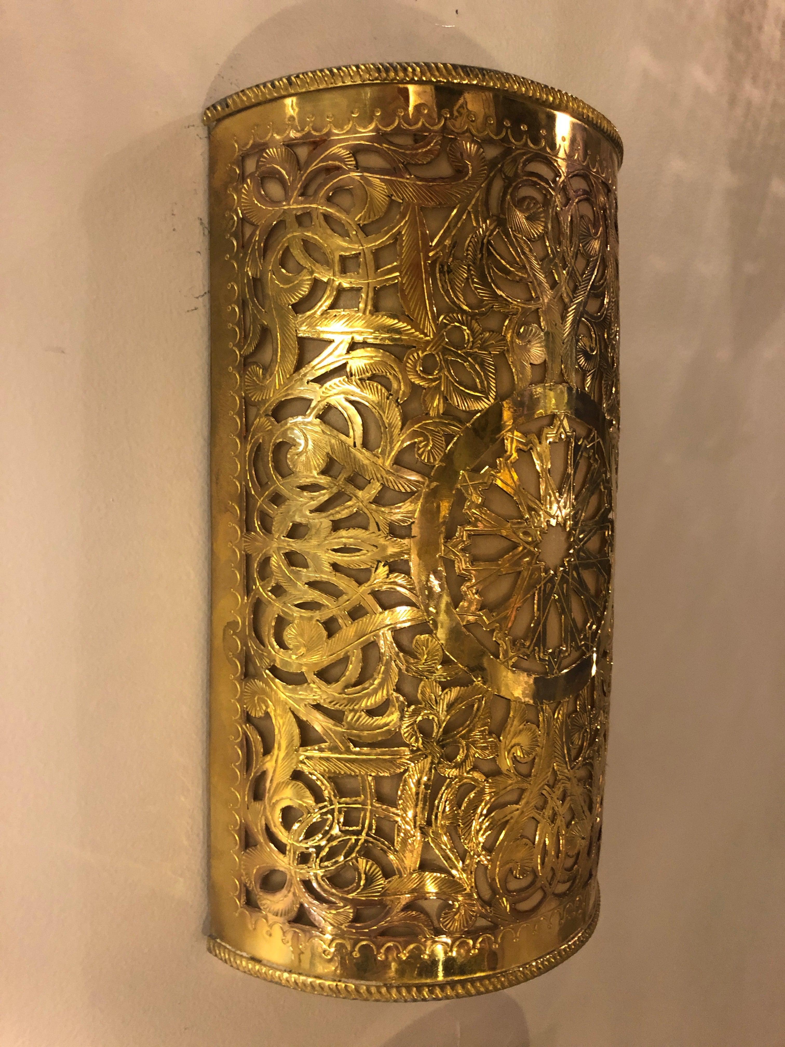 Moorish Moroccan Brass Wall Lantern or Sconce Handmade in Gold Toned, a Pair