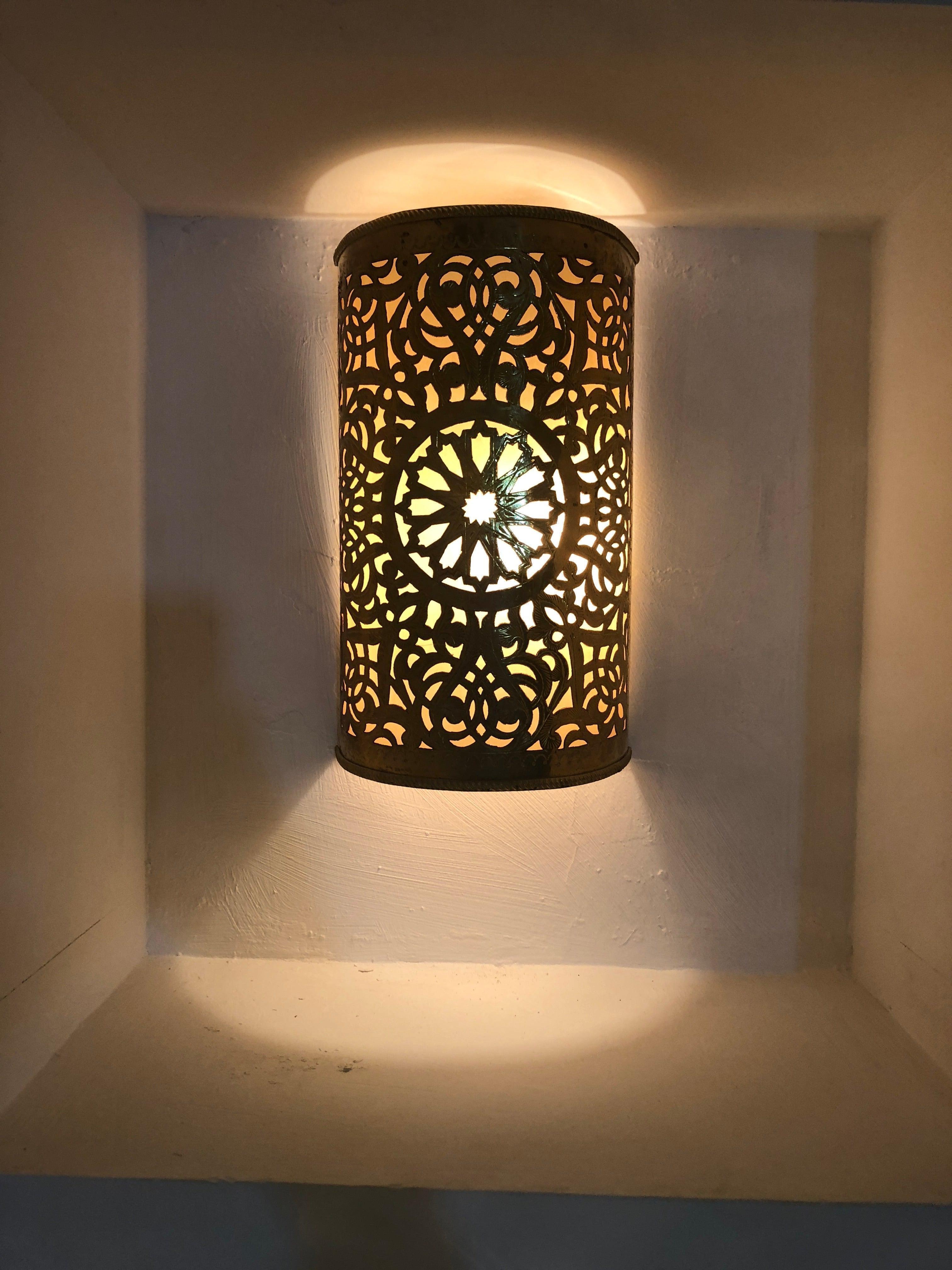 Late 20th Century Moroccan Brass Wall Lantern or Sconce Handmade in Gold Toned, a Pair