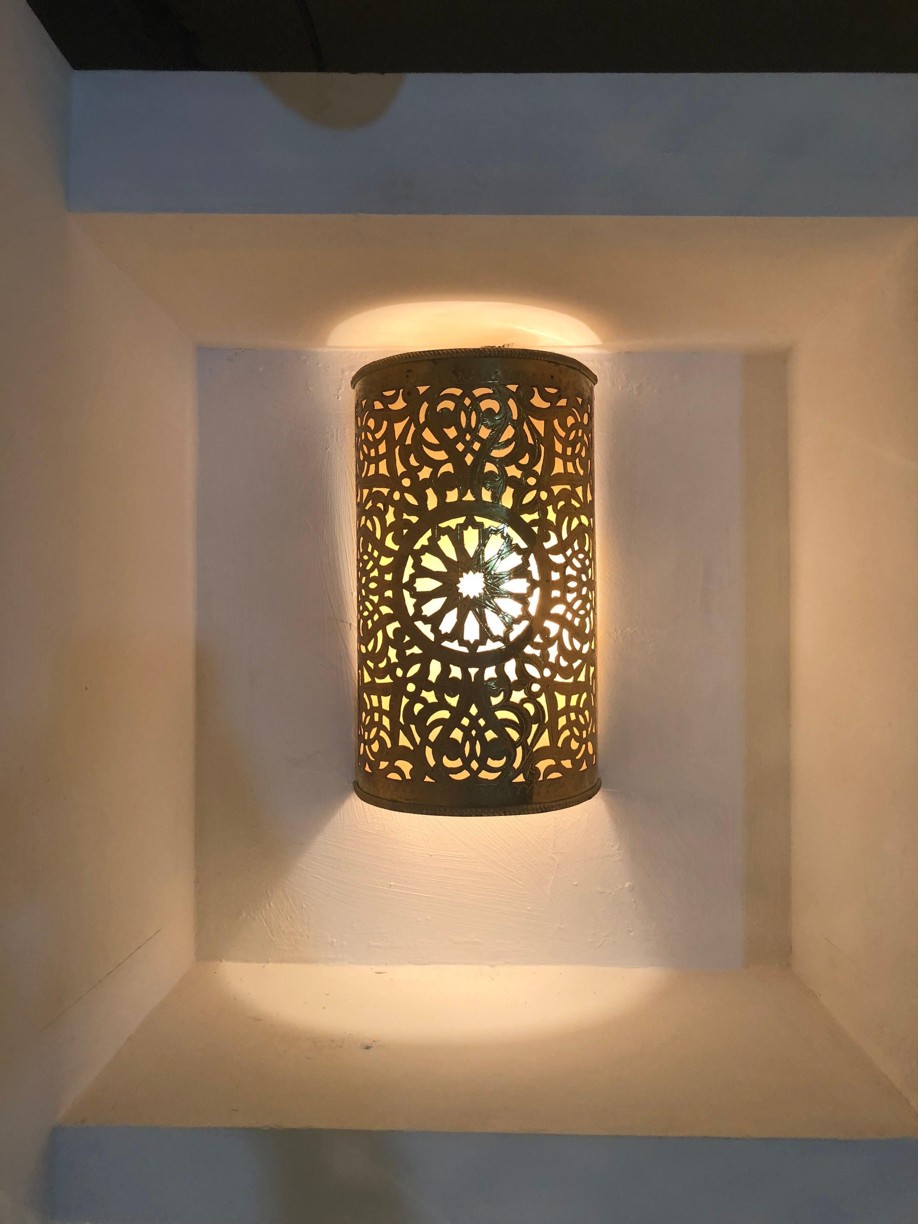 Moroccan Brass Wall Lantern or Sconce Handmade in Gold Toned, a Pair 2