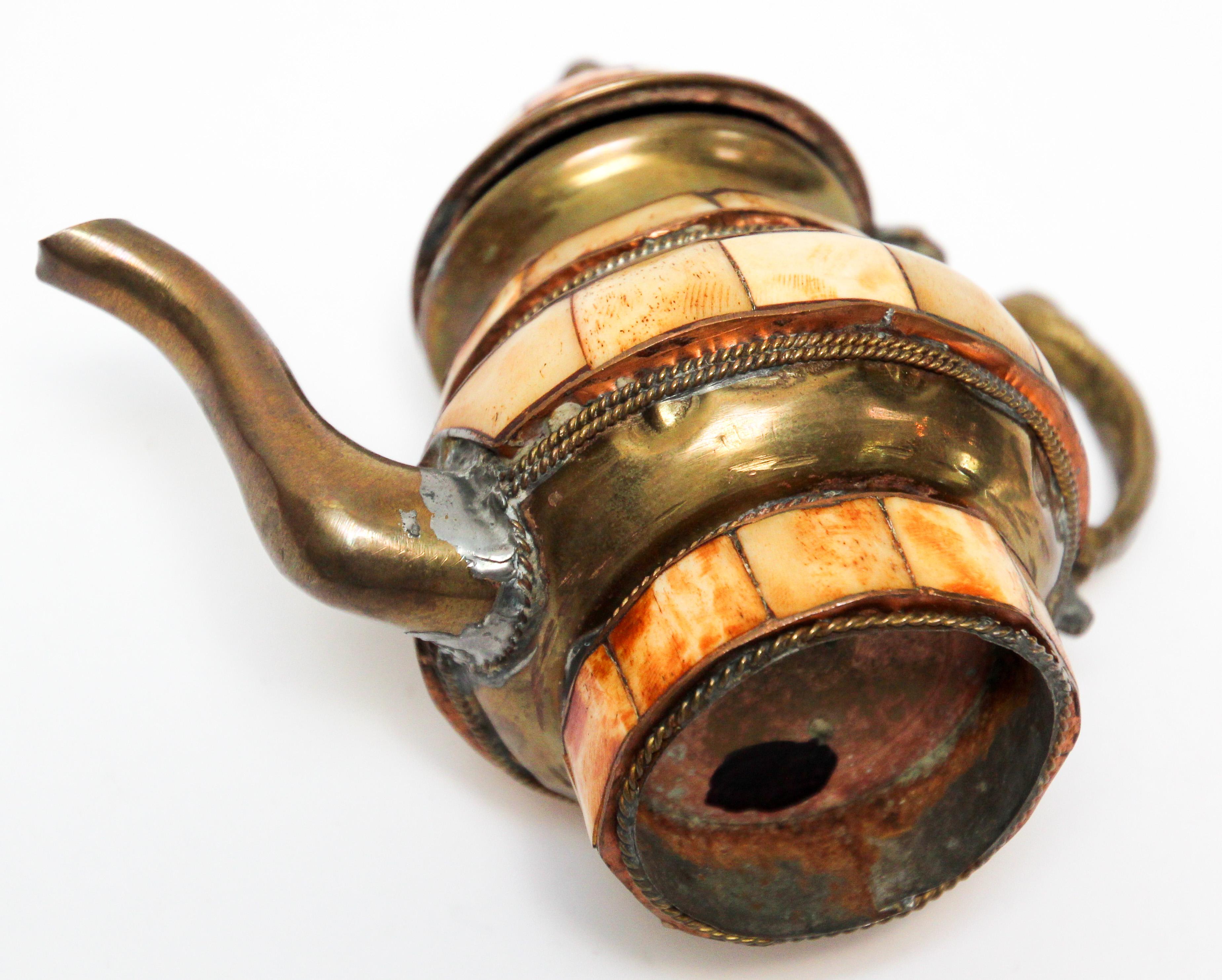 Metal Moroccan Brass with Bone Overlay Decorative Tea Pot