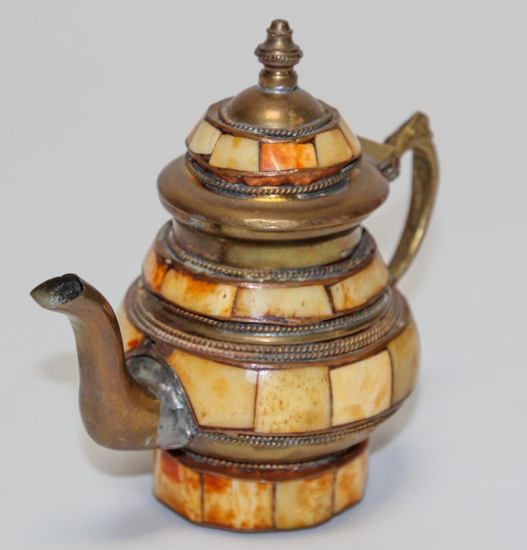 Moroccan Brass With Bone Overlay Decorative Tea Pot For Sale At