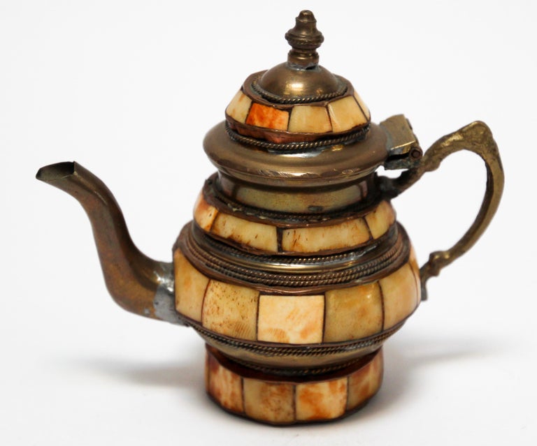 Moroccan Brass With Bone Overlay Decorative Tea Pot For Sale At