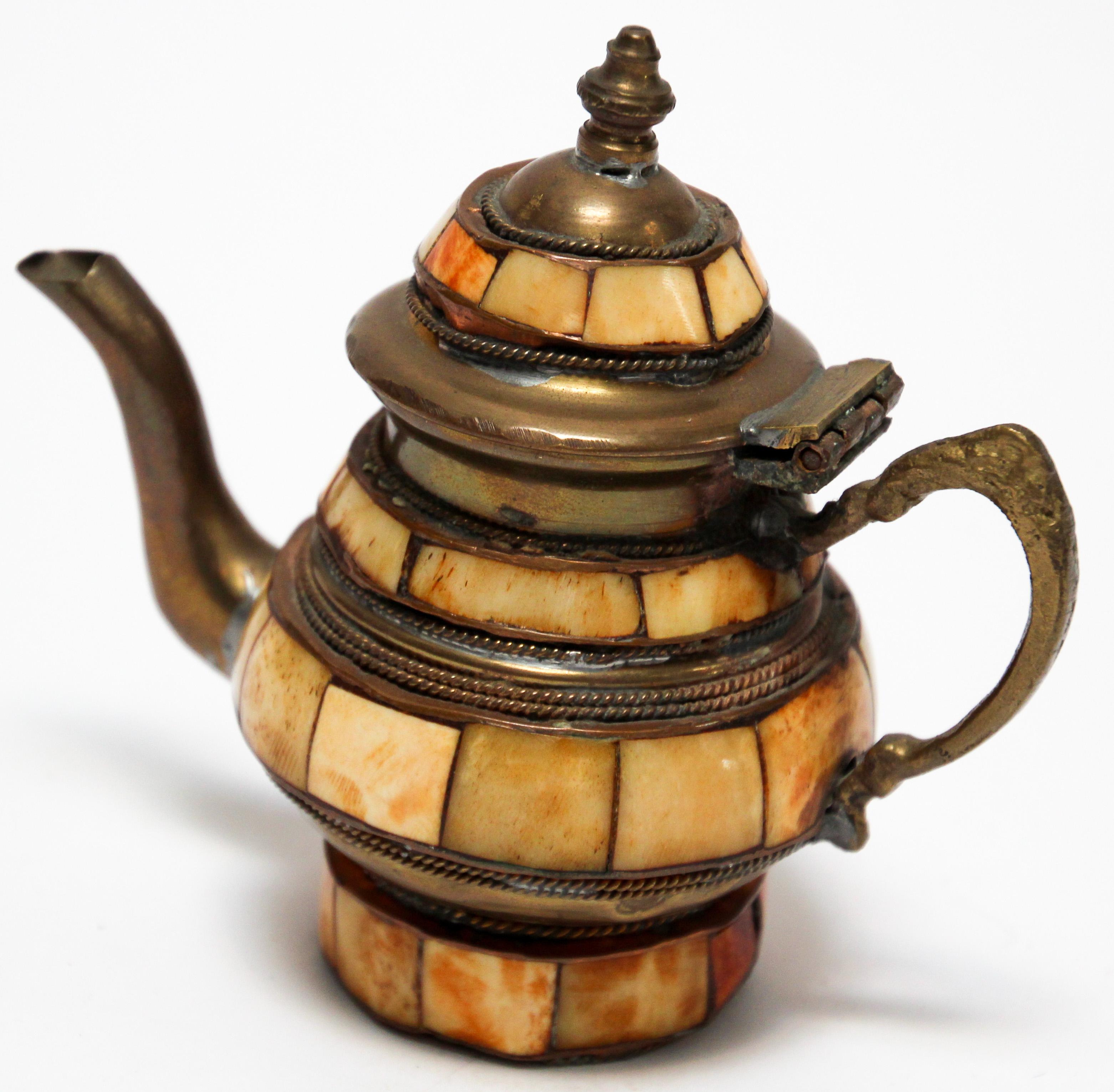 Moorish Moroccan Brass with Bone Overlay Decorative Tea Pot