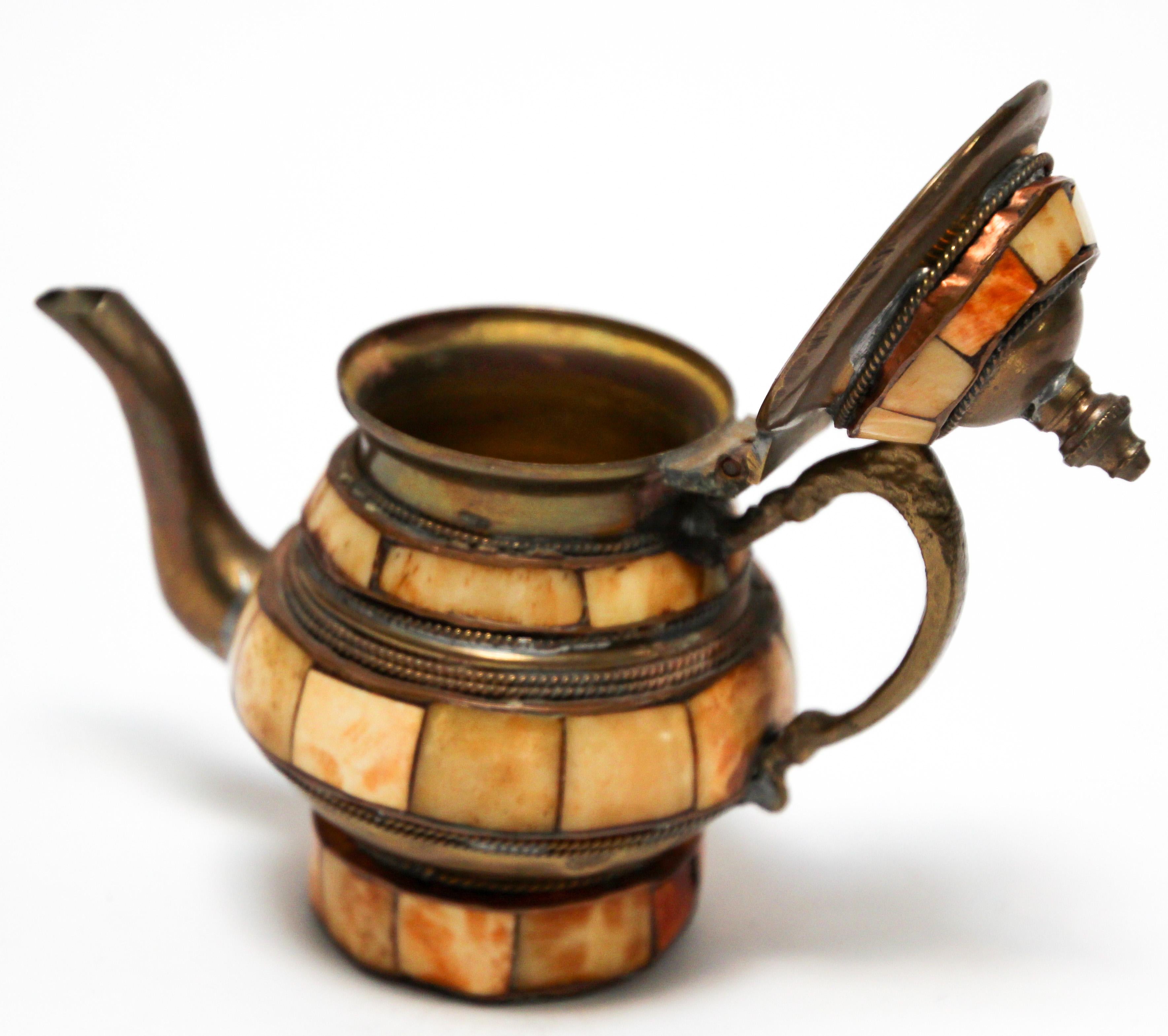 Hand-Carved Moroccan Brass with Bone Overlay Decorative Tea Pot