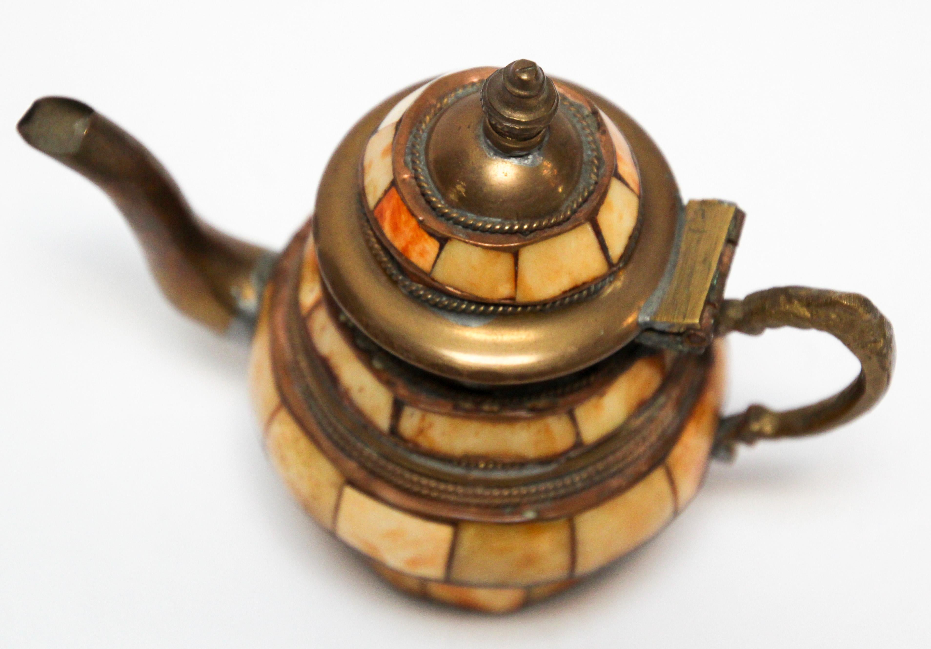 20th Century Moroccan Brass with Bone Overlay Decorative Tea Pot