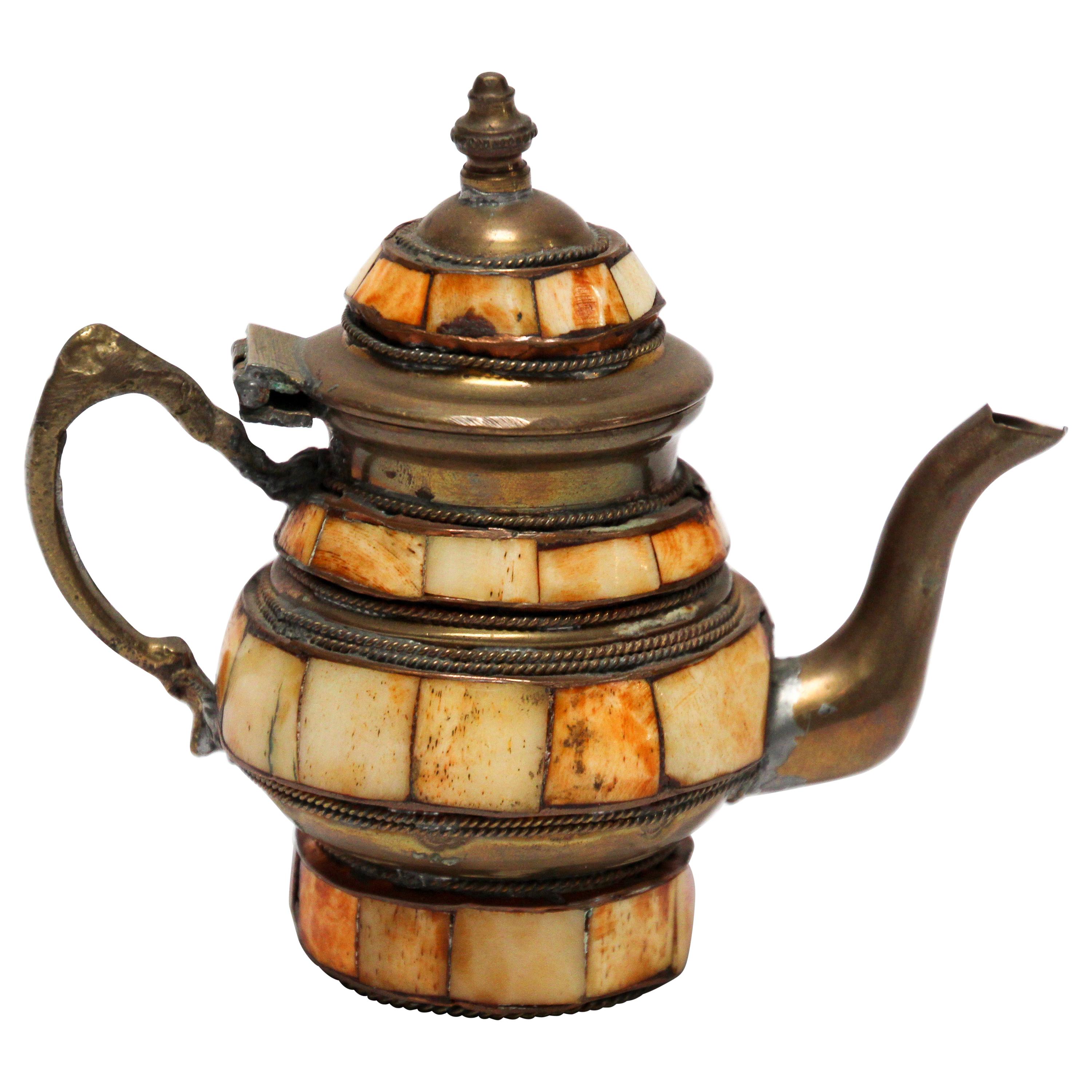 Moroccan Brass with Bone Overlay Decorative Tea Pot
