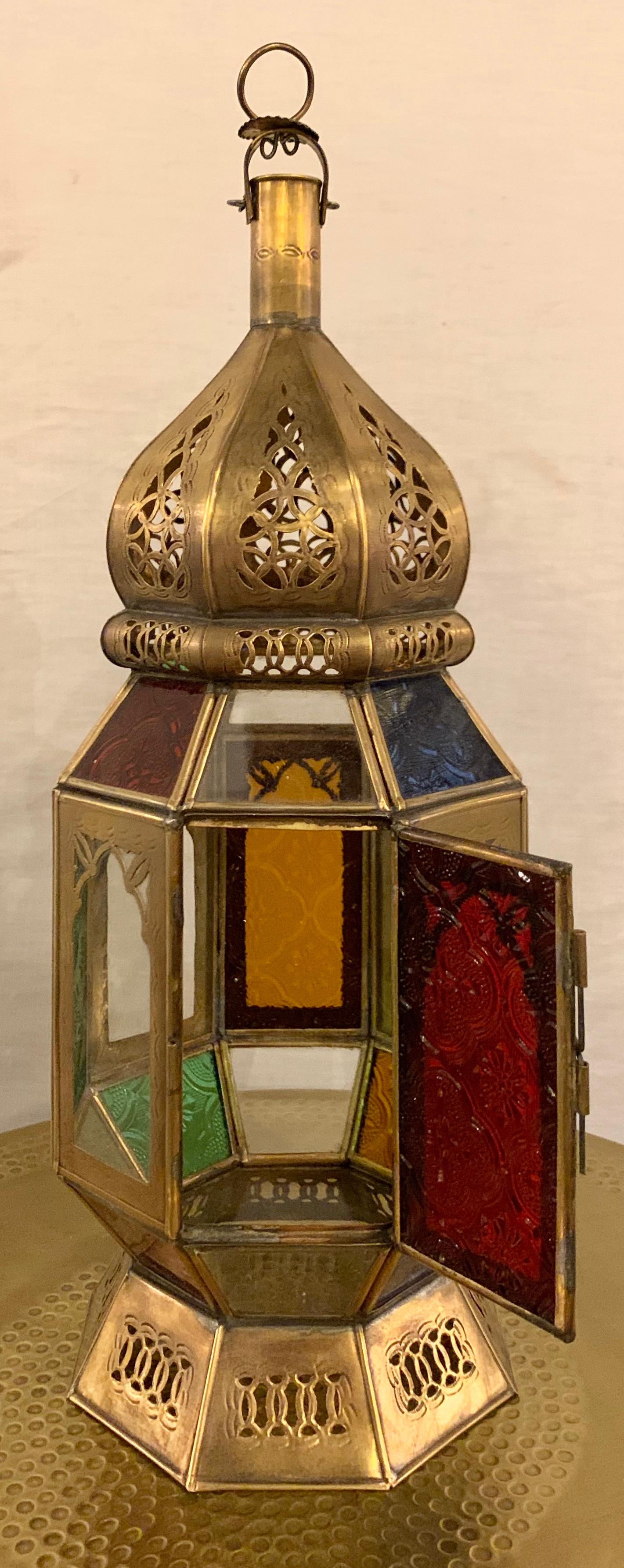 Vintage Moroccan Multi-Colored Glass Lantern, a Pair For Sale 3