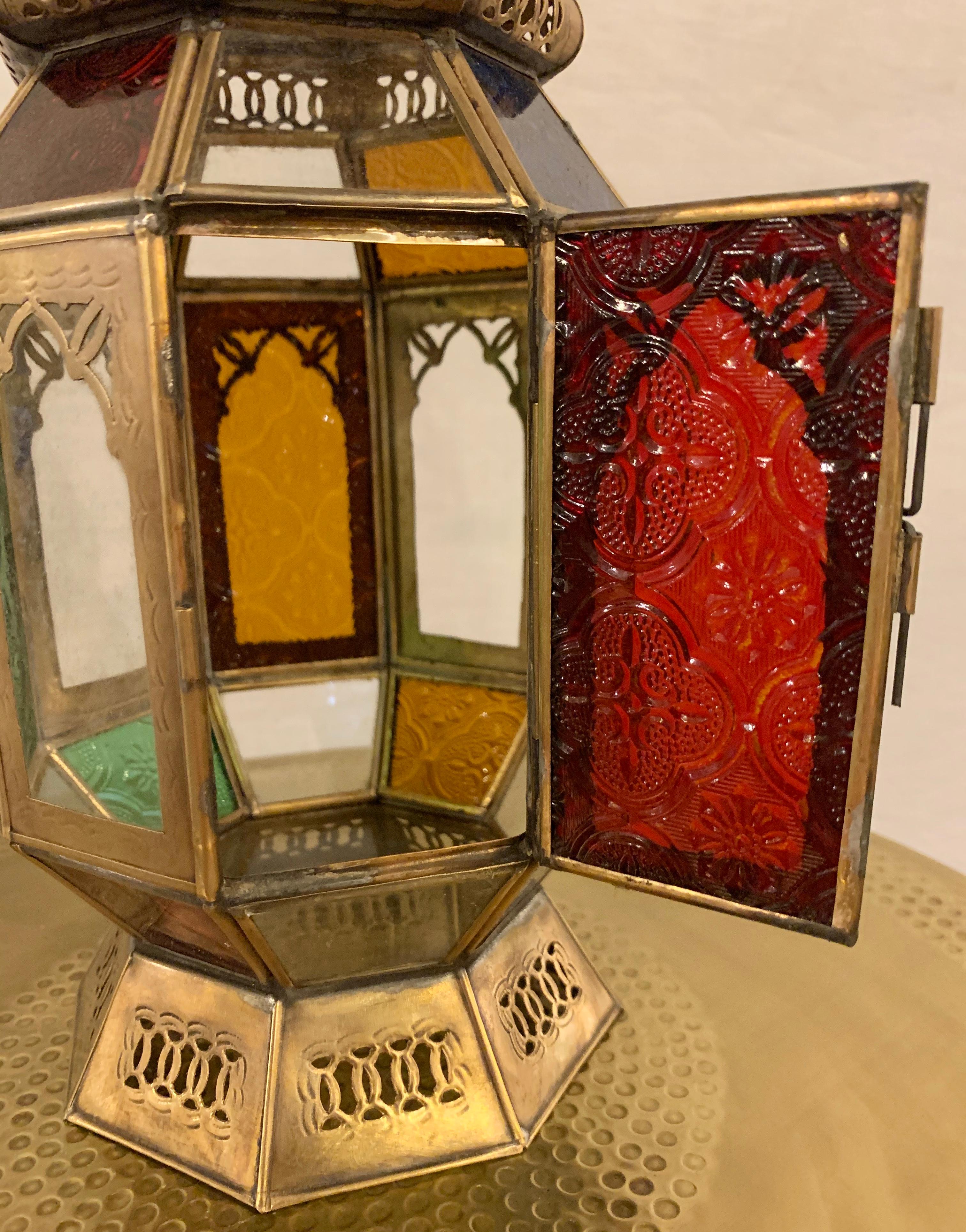 Vintage Moroccan Multi-Colored Glass Lantern, a Pair For Sale 4