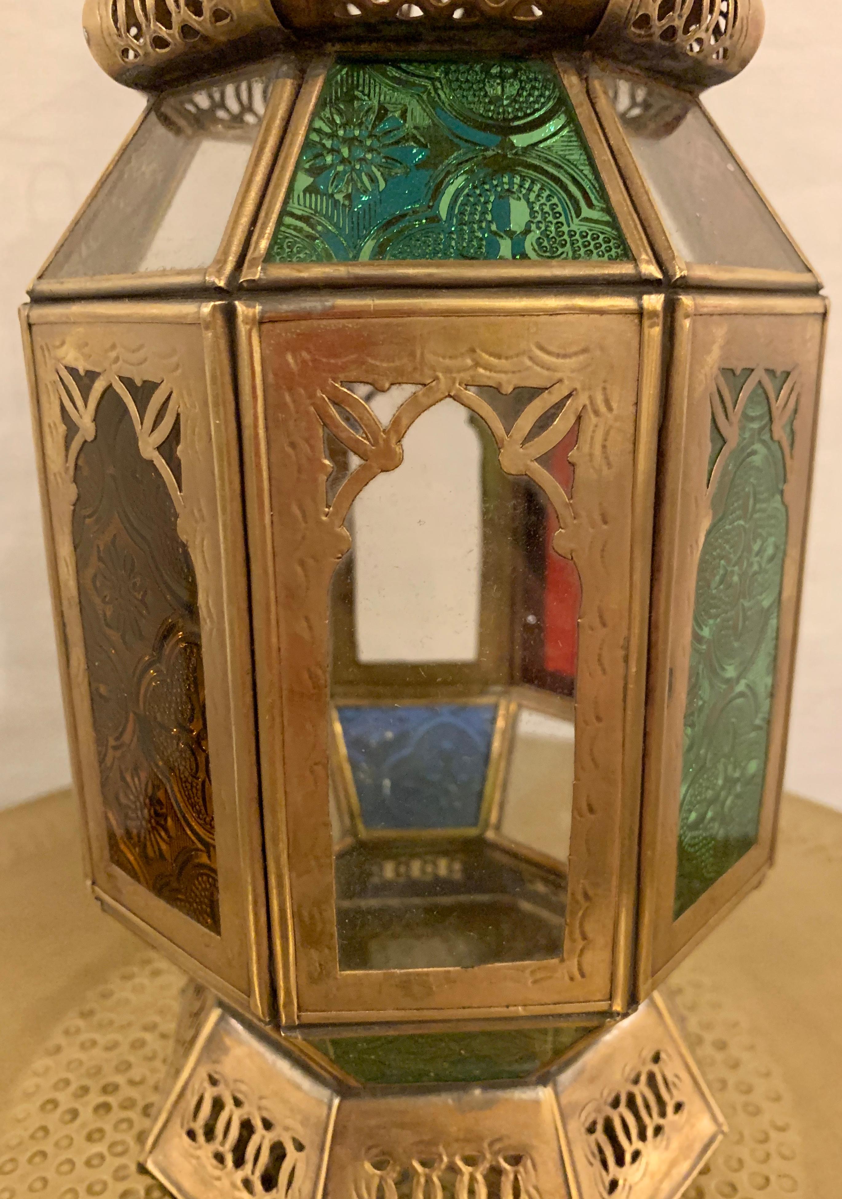 Brass Vintage Moroccan Multi-Colored Glass Lantern, a Pair For Sale