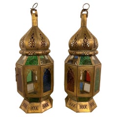 Moroccan  Brass with Multicolored Glass Table Lantern, a Pair
