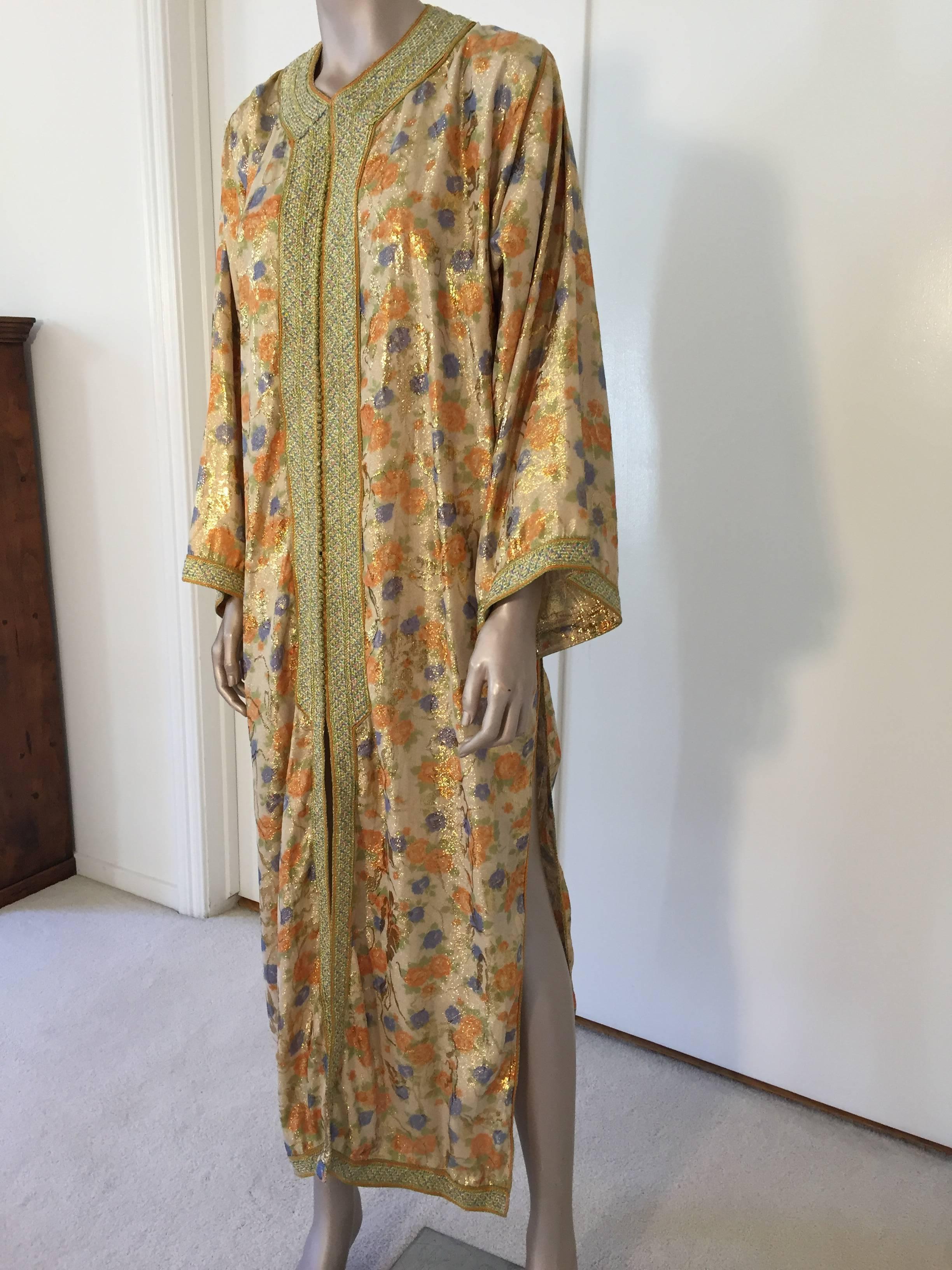 Brown Moroccan Brocade Floral Kaftan Gown Maxi Dress For Sale