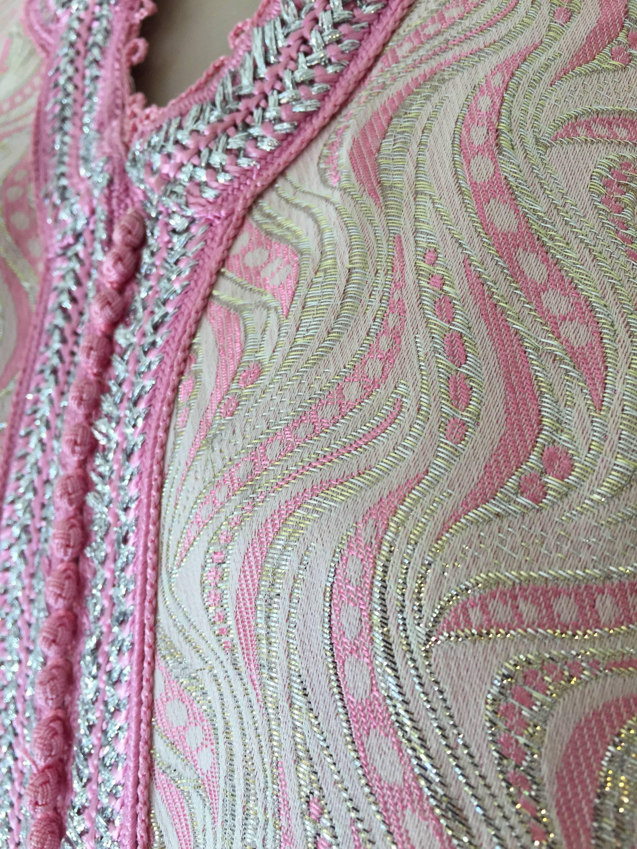 Hand-Crafted Moroccan Brocade Caftan Brocade with Pink and Silver Trim
