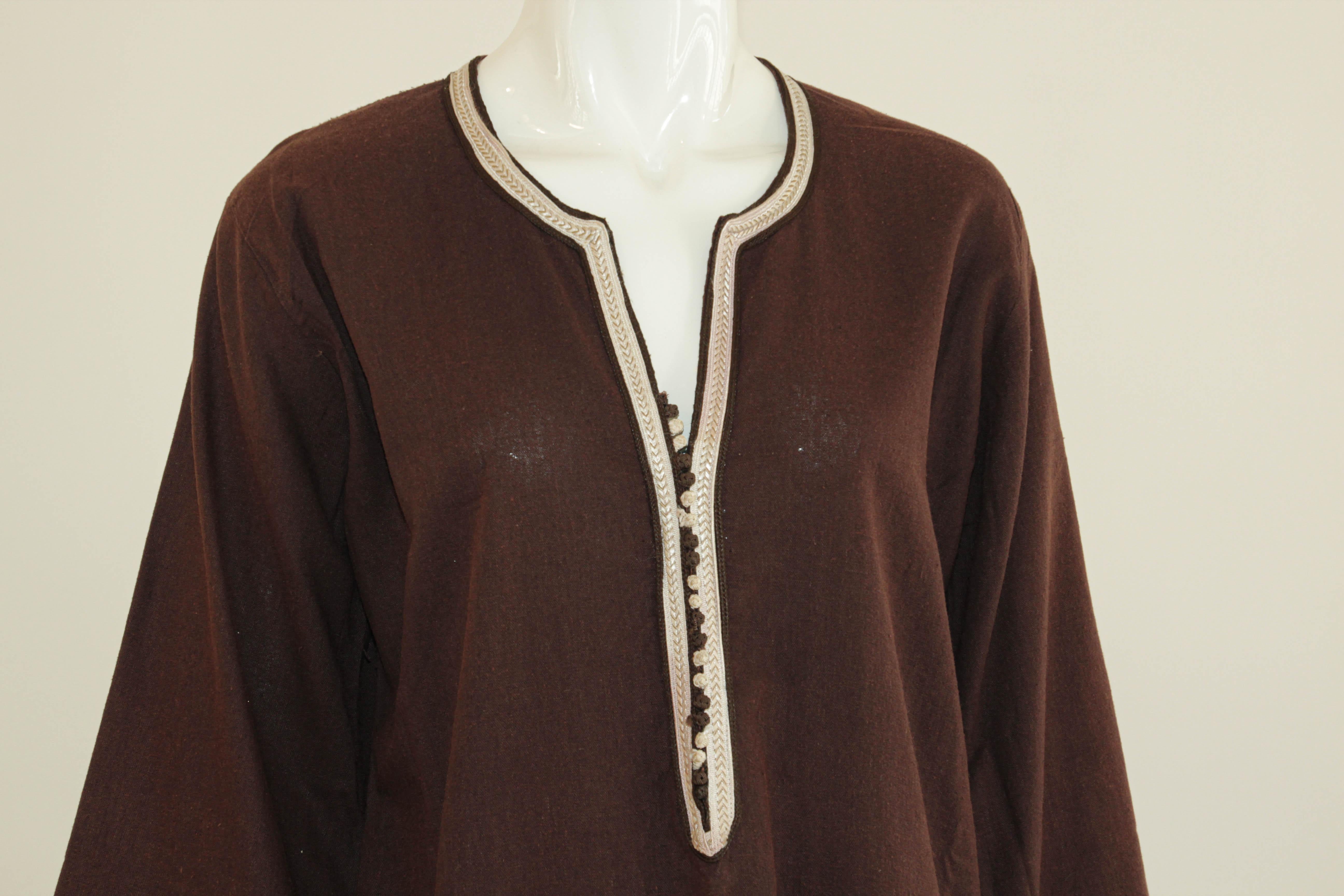 Moroccan Kaftan, 1980 Vintage Kaftan Brown Cotton Bohemian Style For Sale 6