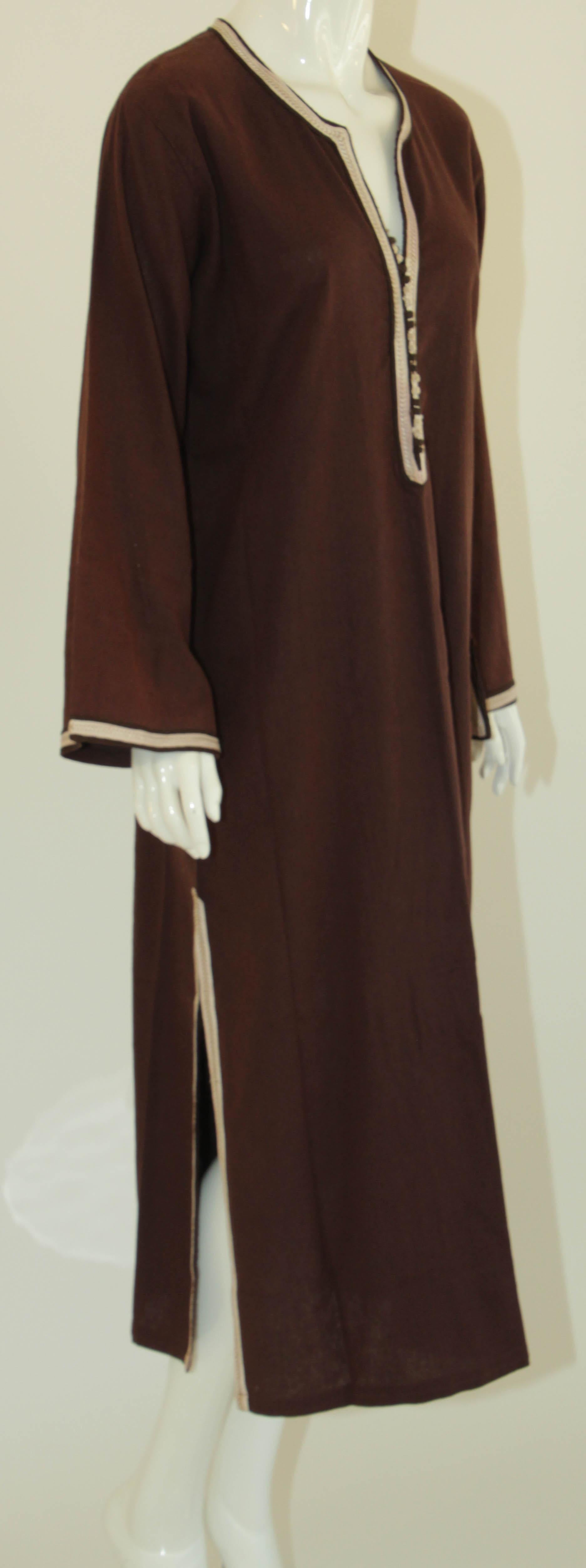 Moroccan Kaftan, 1980 Vintage Kaftan Brown Cotton Bohemian Style For Sale 7