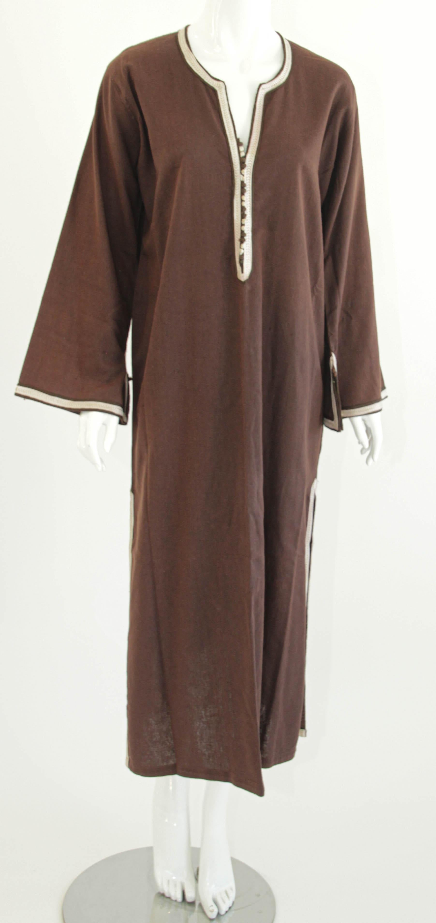 Moroccan Kaftan, 1980 Vintage Kaftan Brown Cotton Bohemian Style For Sale 8