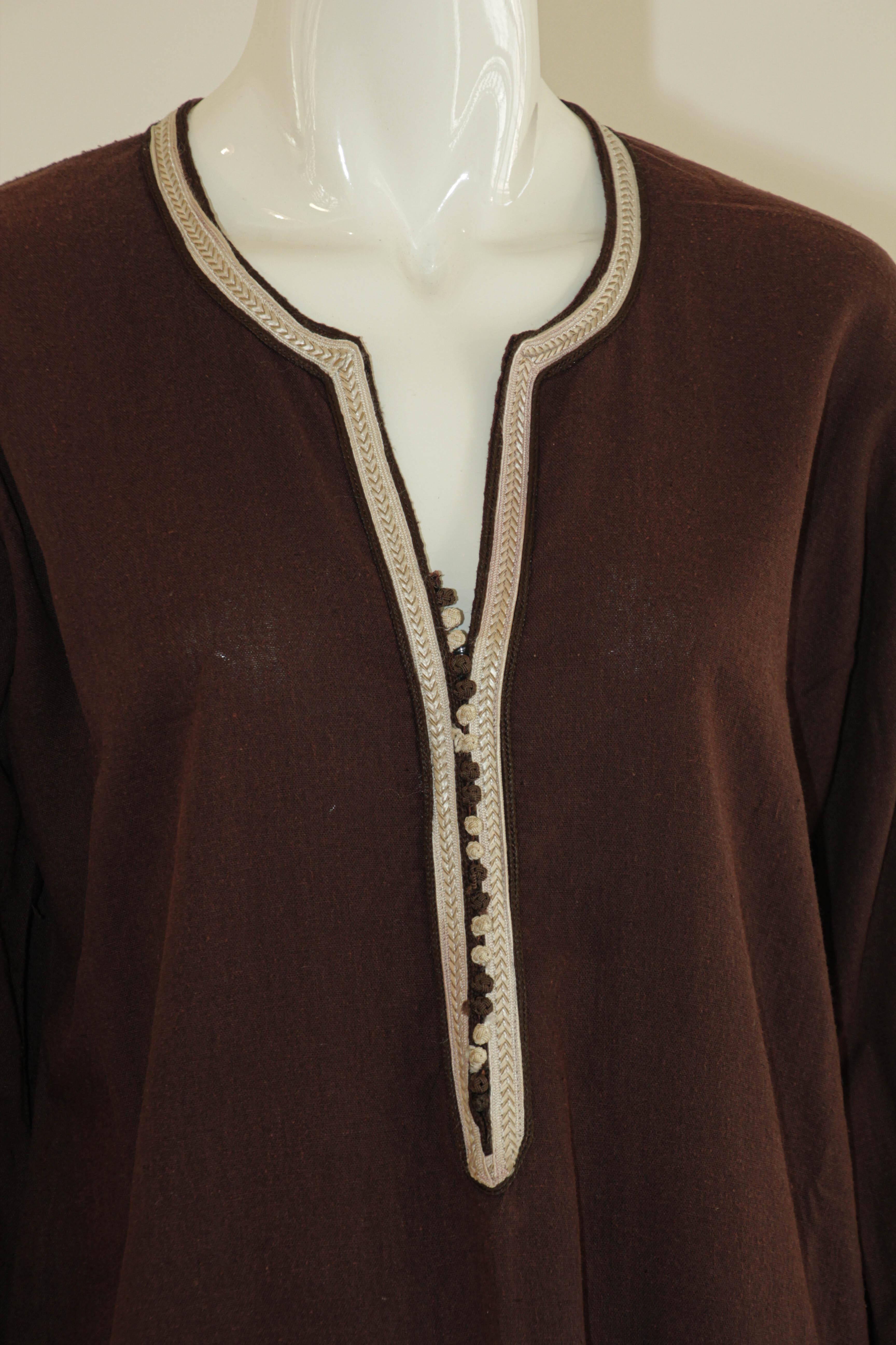 Black Moroccan Kaftan, 1980 Vintage Kaftan Brown Cotton Bohemian Style For Sale