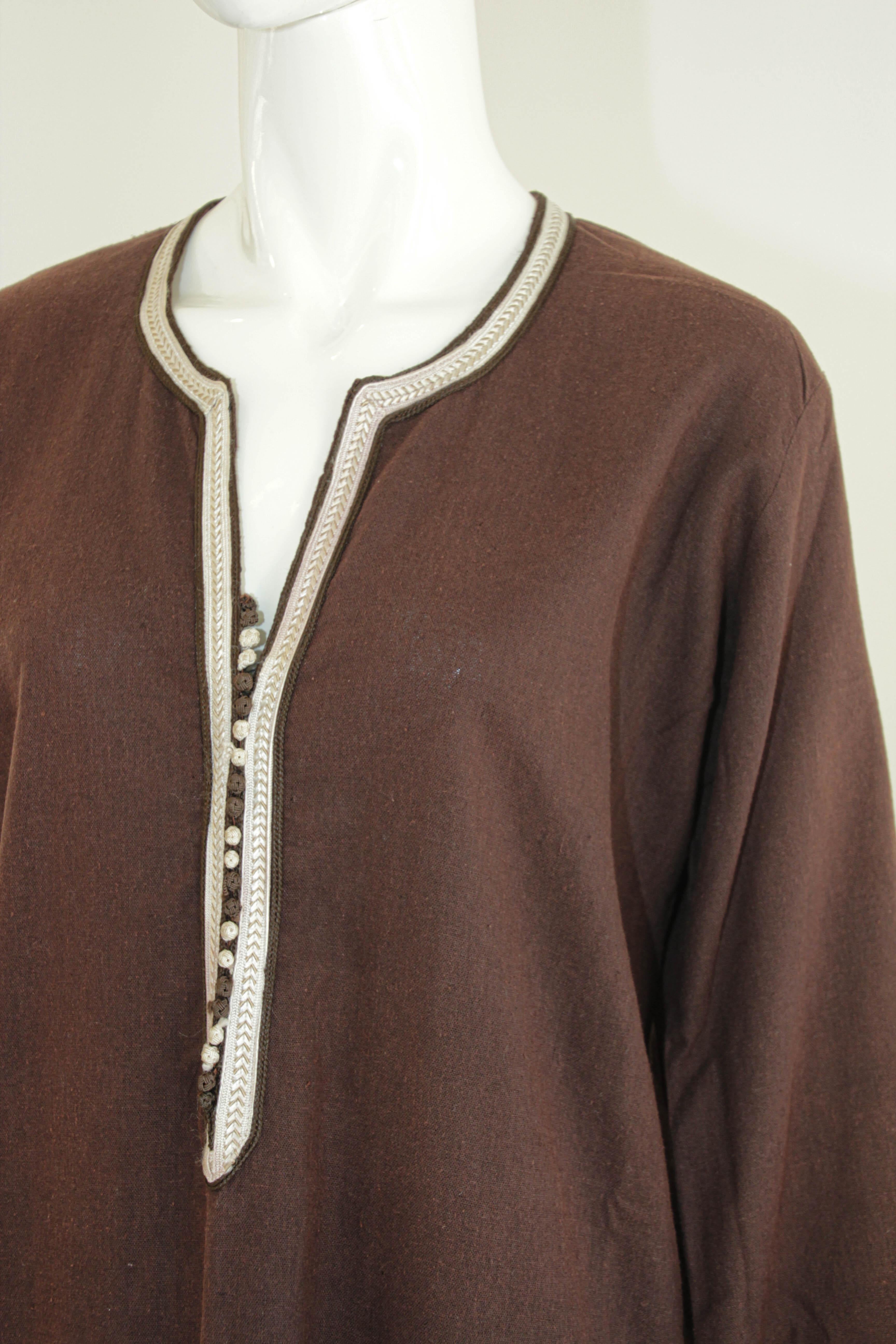 Moroccan Kaftan, 1980 Vintage Kaftan Brown Cotton Bohemian Style For Sale 1