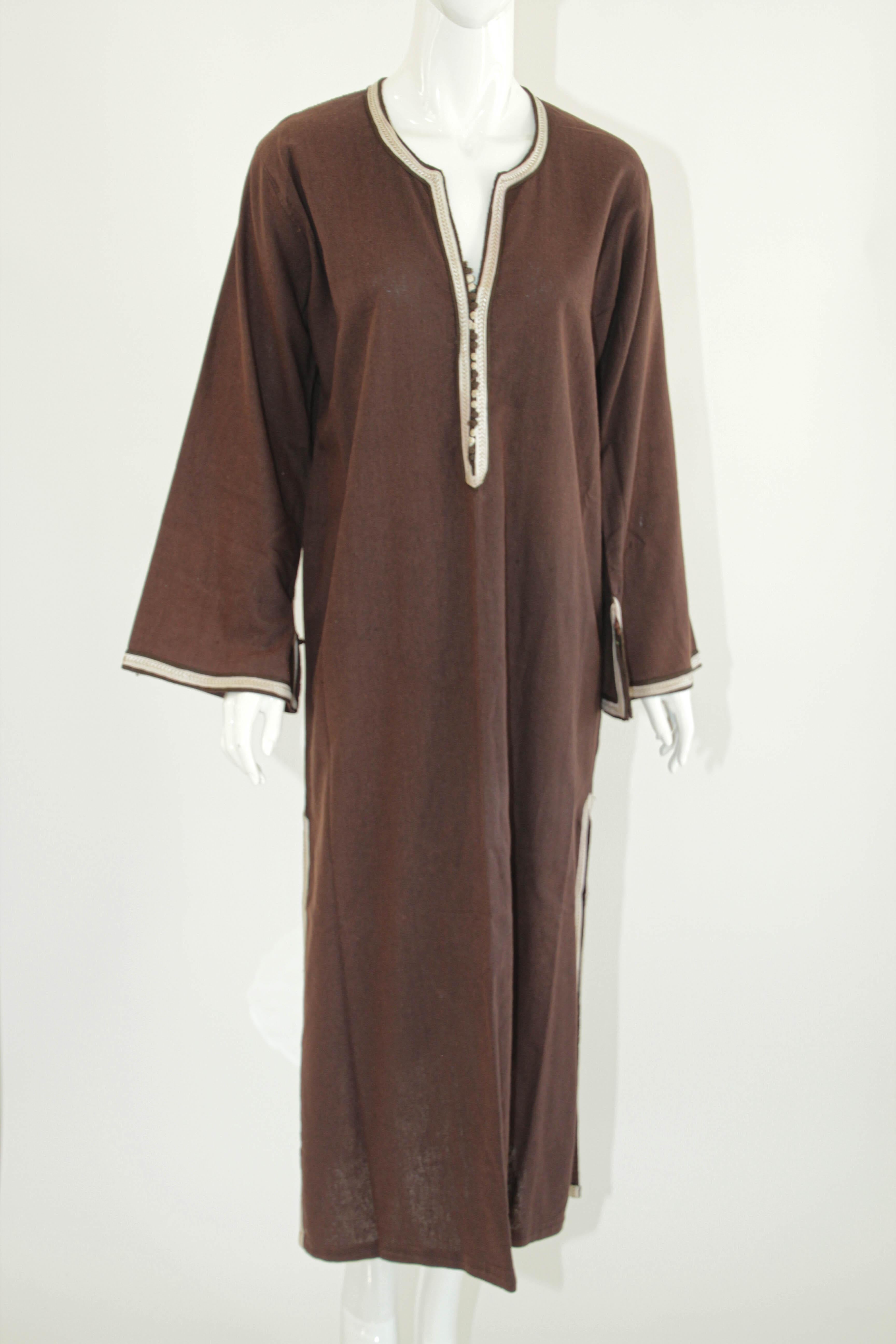 Moroccan Kaftan, 1980 Vintage Kaftan Brown Cotton Bohemian Style For Sale 2