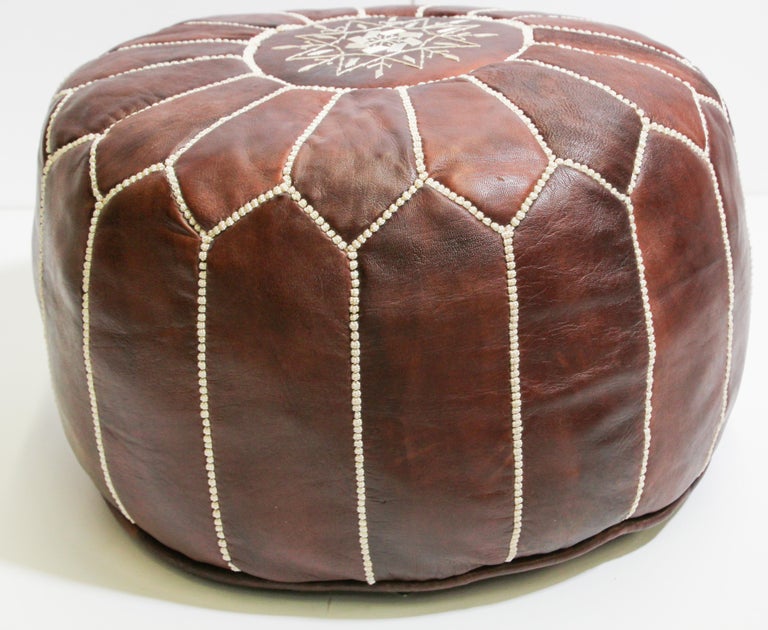 Moroccan Brown Leather Hand Tooled Pouf For Sale at 1stDibs