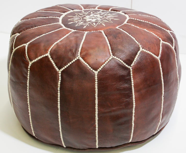 Moroccan Brown Leather Hand Tooled Pouf For Sale At 1stdibs
