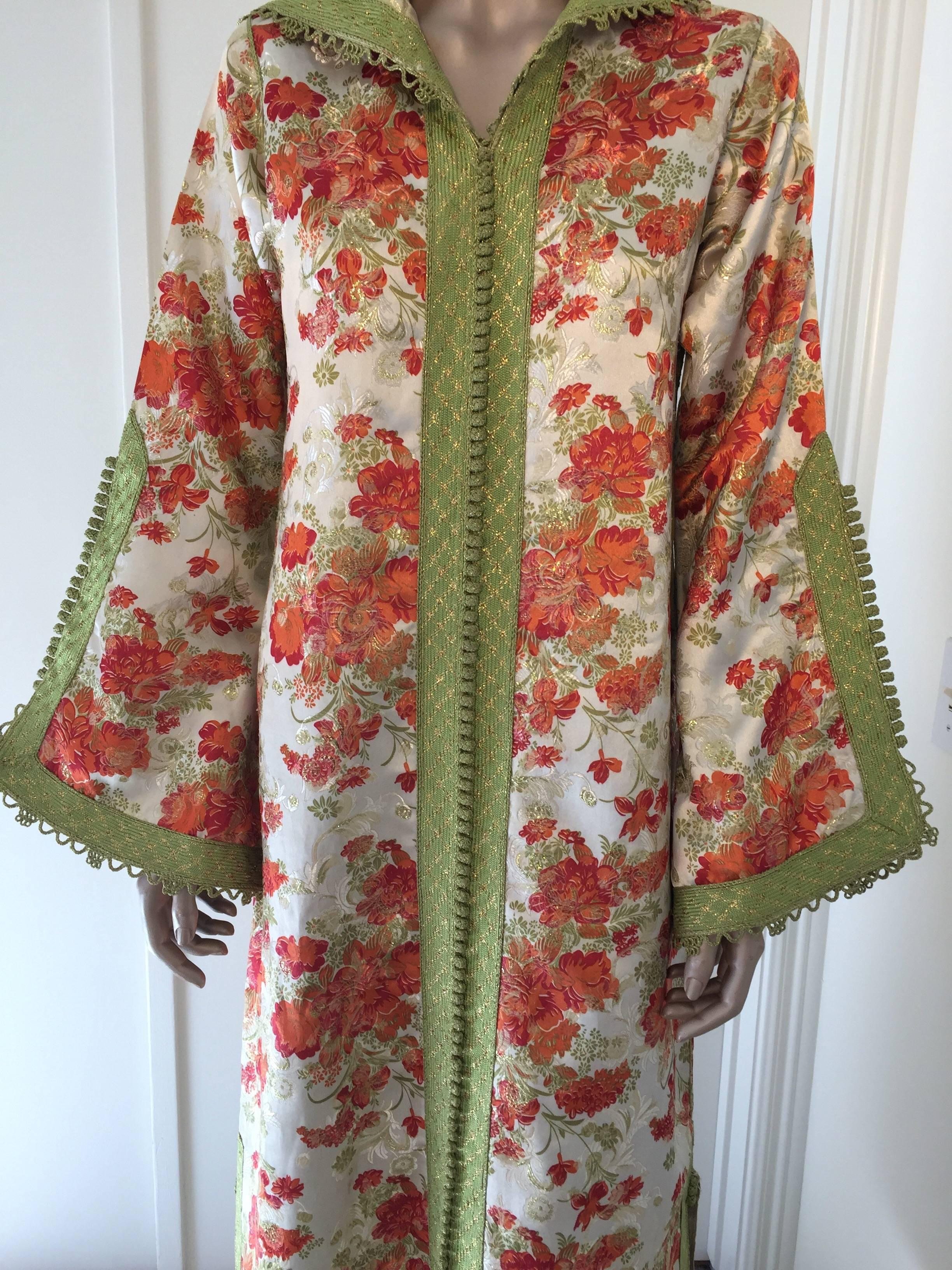 Hand-Crafted Moroccan Caftan, Hooded Kaftan Embroidered with Green and Gold