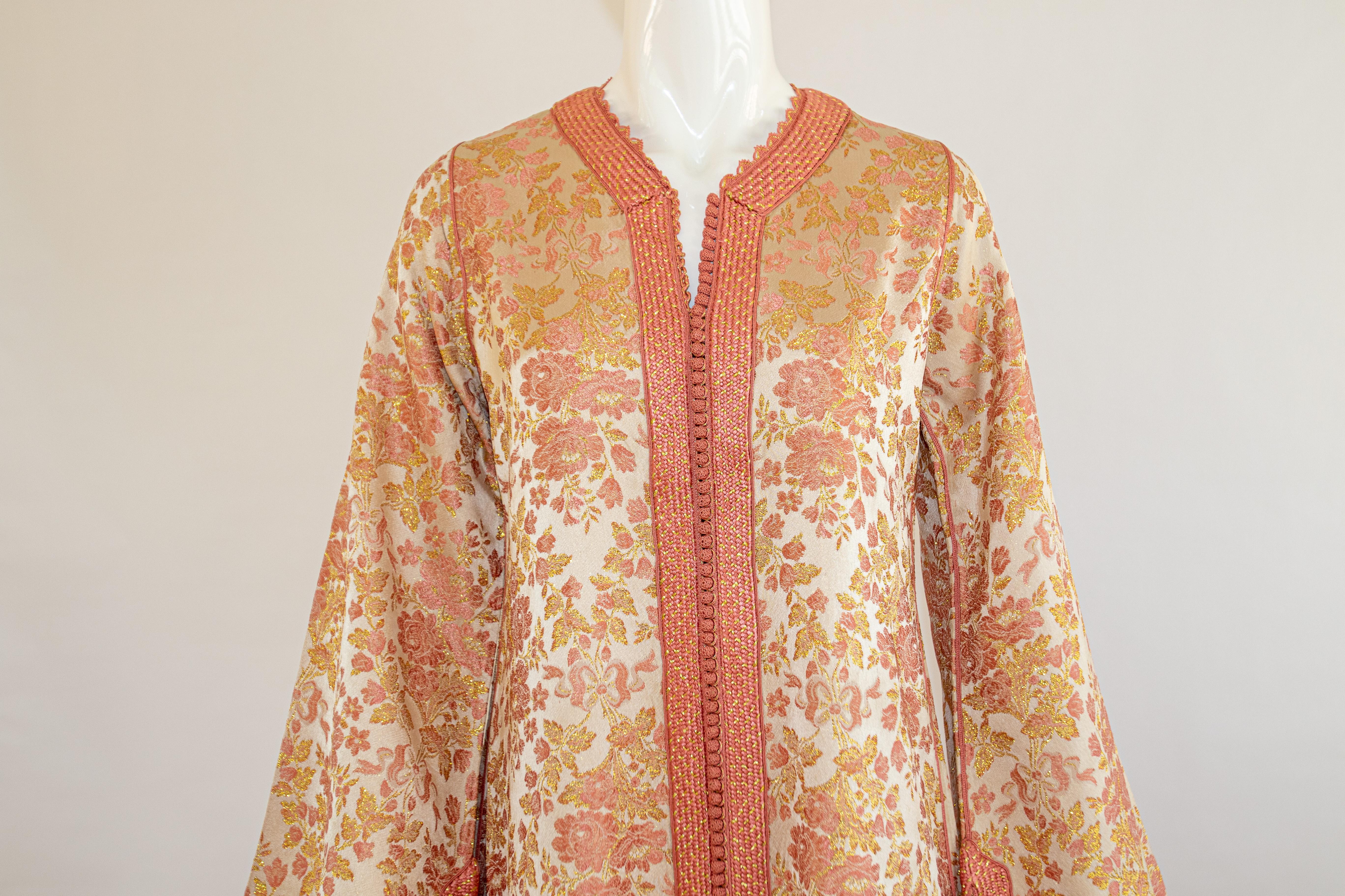 Moroccan Caftan, Blush Pink and Gold Brocade Vintage Kaftan Size Medium 14