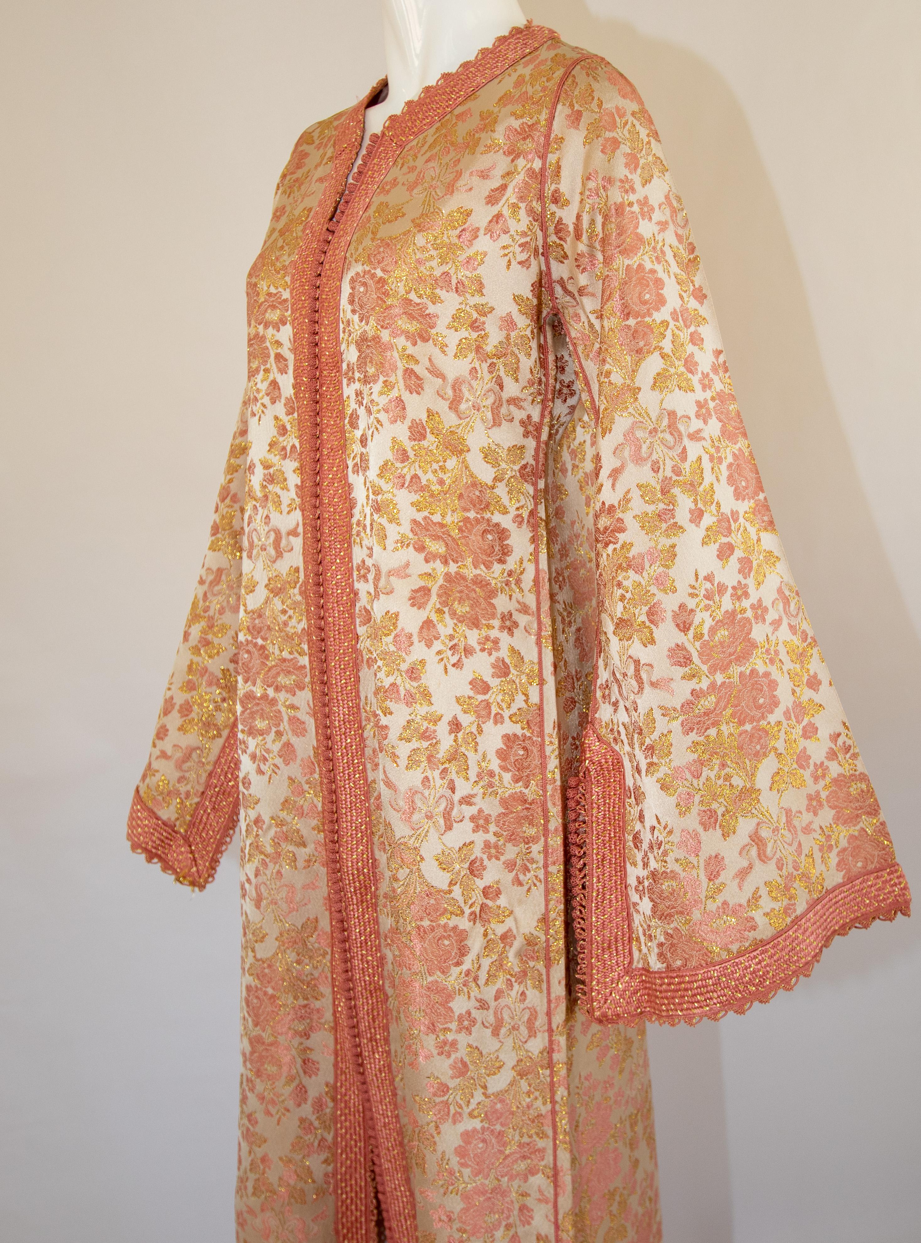 Women's or Men's Moroccan Caftan, Blush Pink and Gold Brocade Vintage Kaftan Size Medium