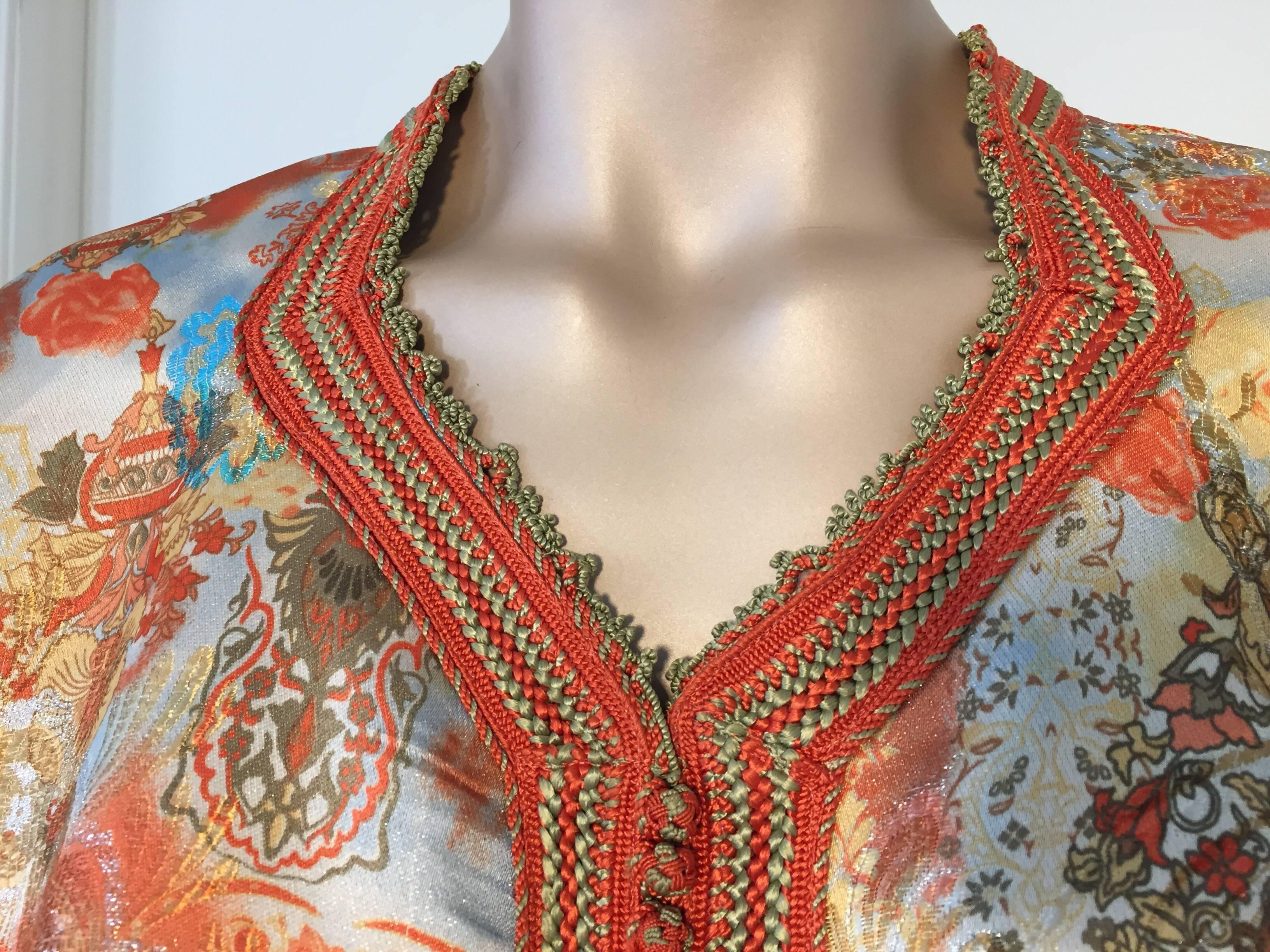 Brown Moroccan Caftan Floral Brocade Multicolored Embroidered Kaftan 1970s For Sale