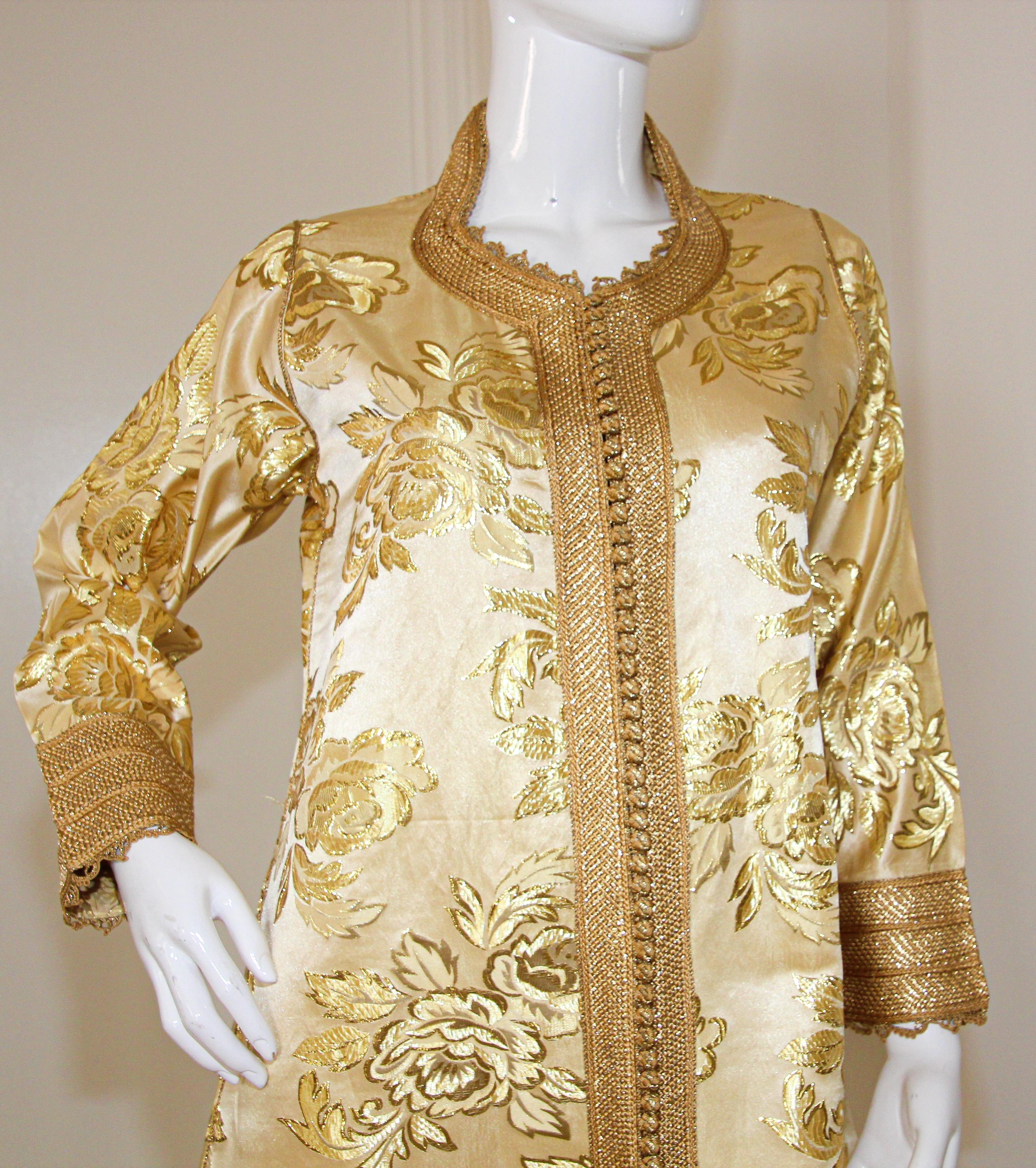 Metallic Thread Moroccan Caftan Gold Damask Embroidered, Vintage, 1960s For Sale