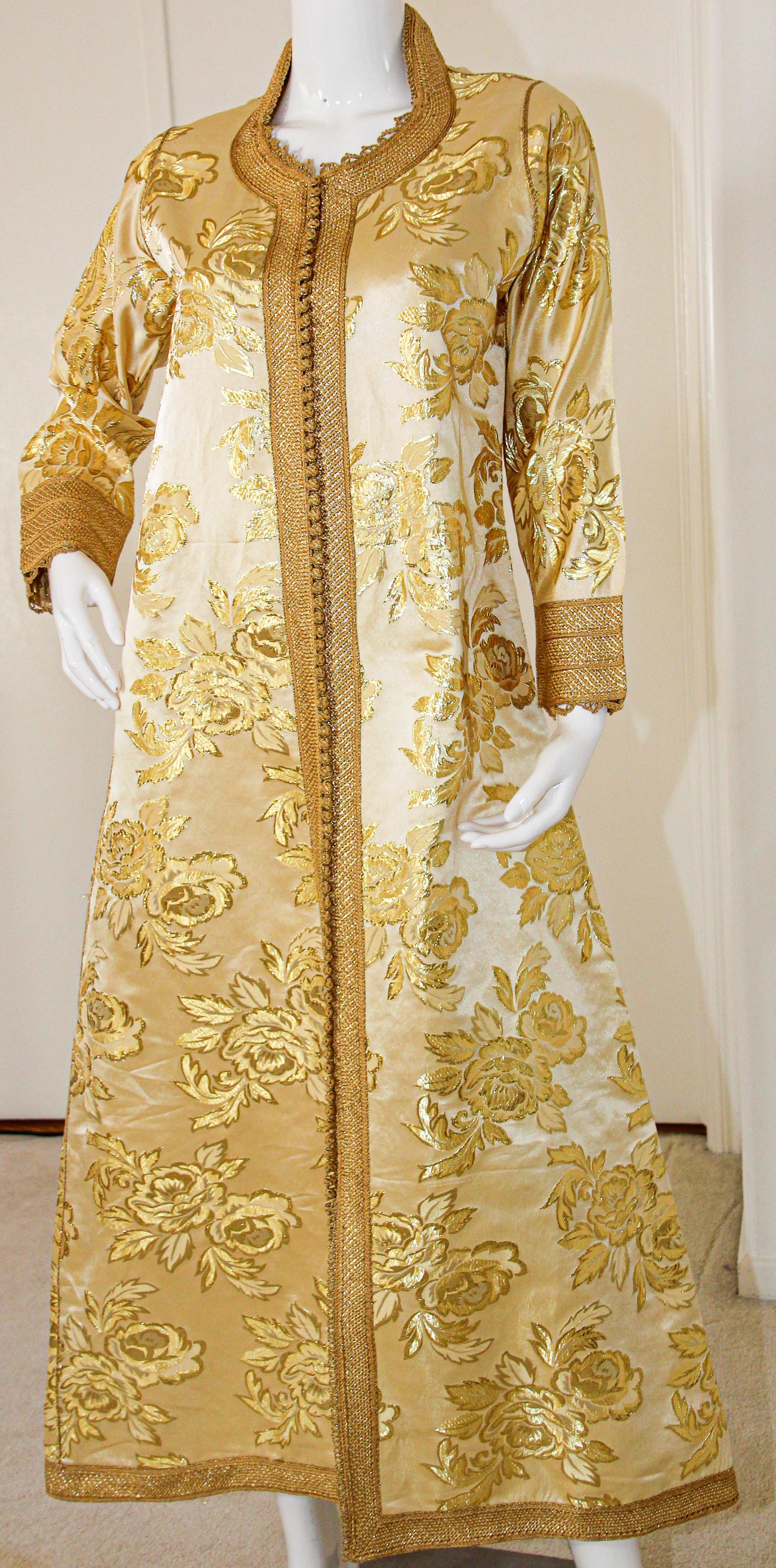 Brown Moroccan Caftan Gold Damask Embroidered, Vintage, 1960s For Sale