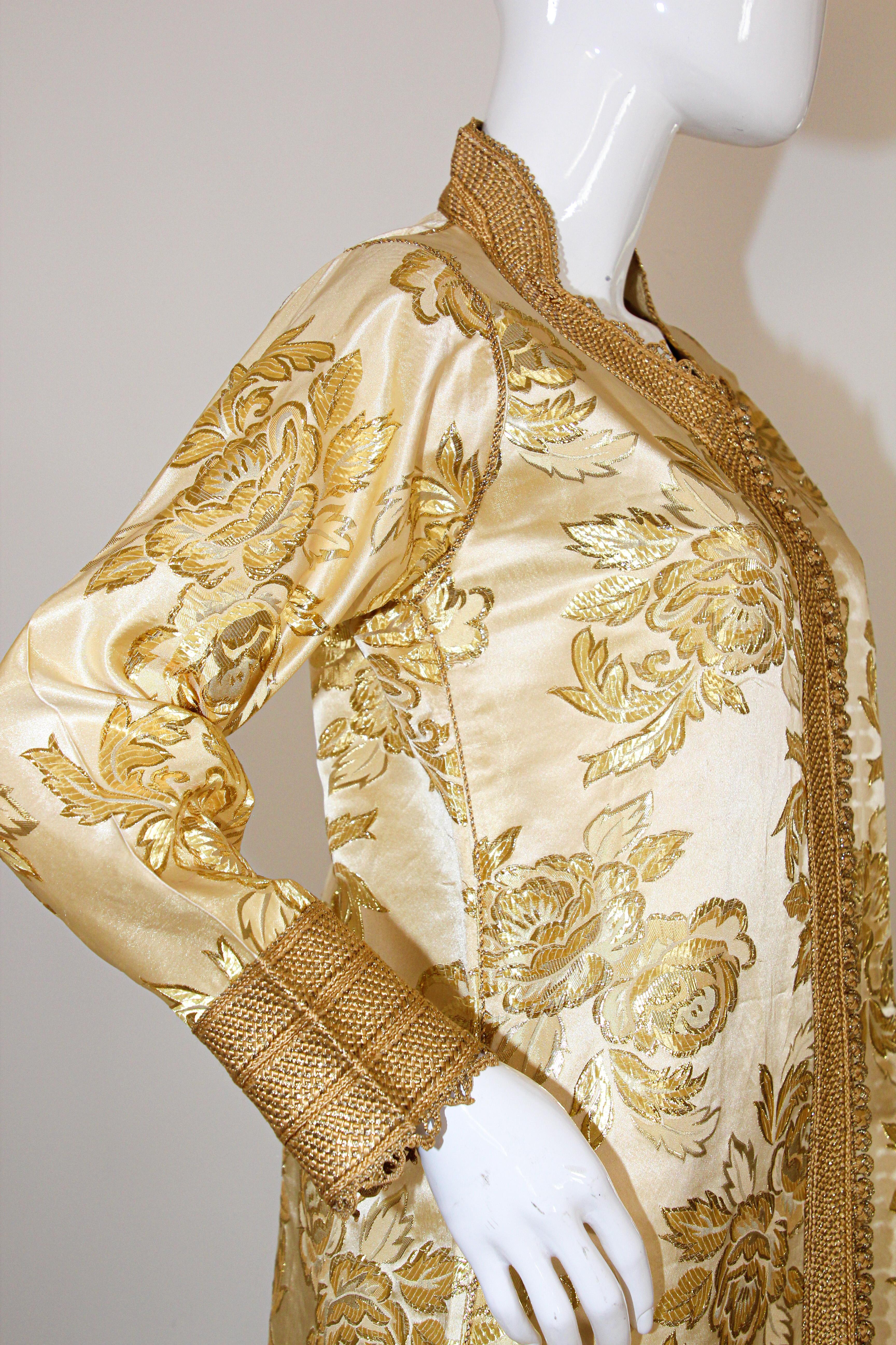 Hand-Crafted Moroccan Caftan Gold Damask Embroidered, Vintage, 1960s For Sale