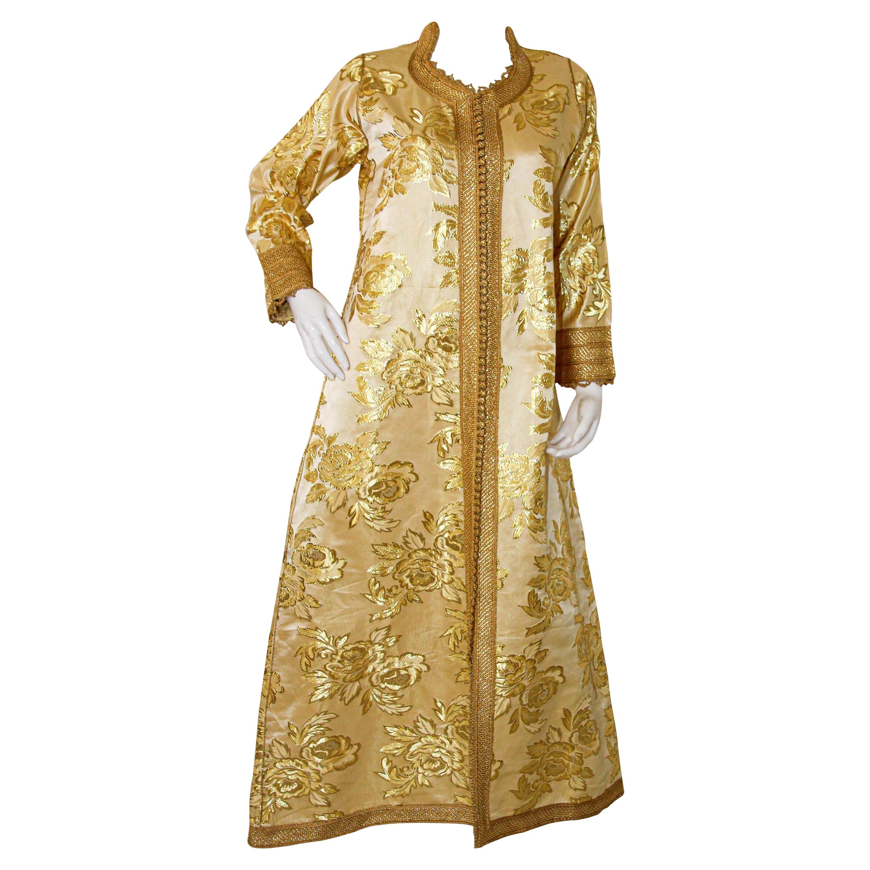 Moroccan Caftan Gold Damask Embroidered, Vintage, 1960s For Sale