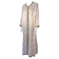 Vintage Moroccan Caftan Gown White Embroidered with Gold Trim, circa 1970