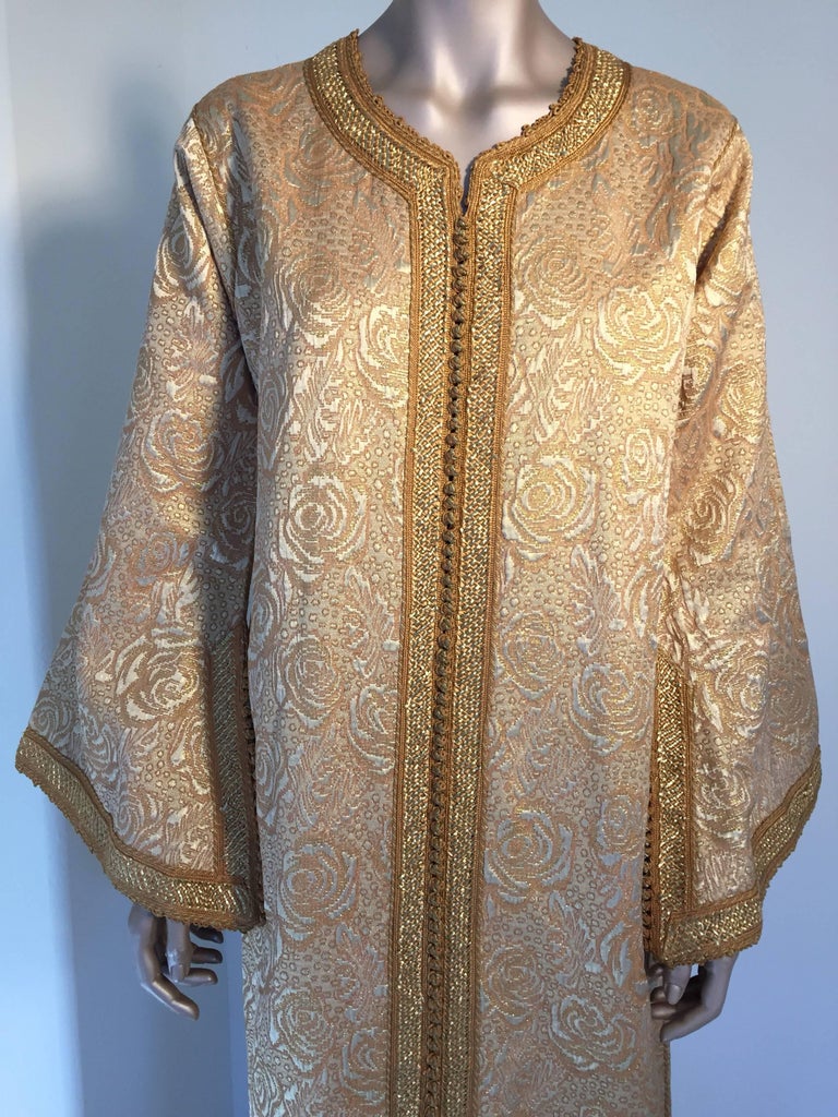 Hand-Crafted Moroccan Caftan in Gold Bronze Metallic Brocade, Maxi Gown Dress Kaftan For Sale