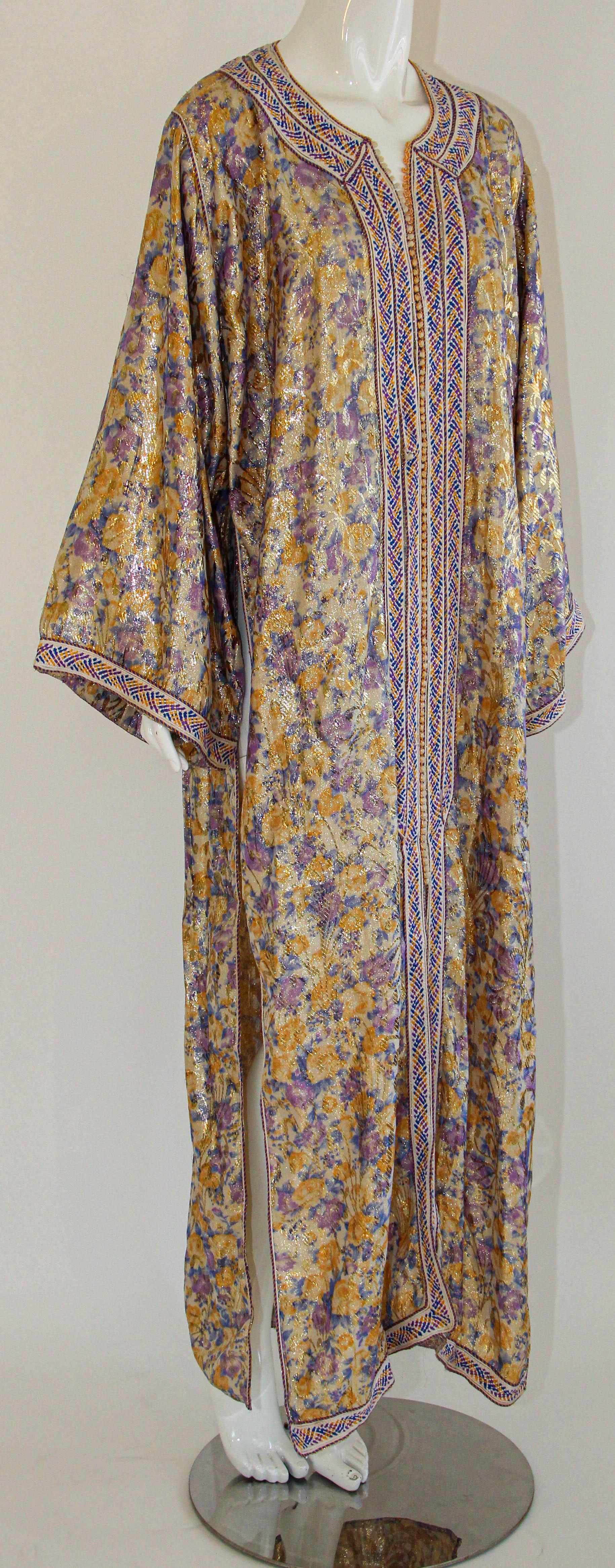 Brown Moroccan Caftan Metallic Floral Silk Brocade Vintage Purple and Gold Kaftan For Sale