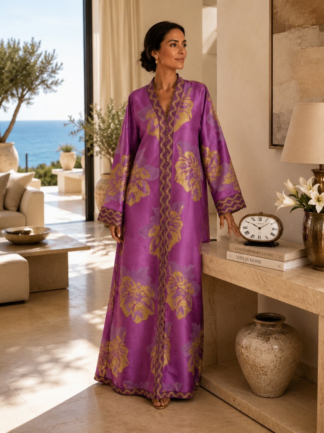 Caftan marocain en soie damassée rose-violet avec brocart doré en vente