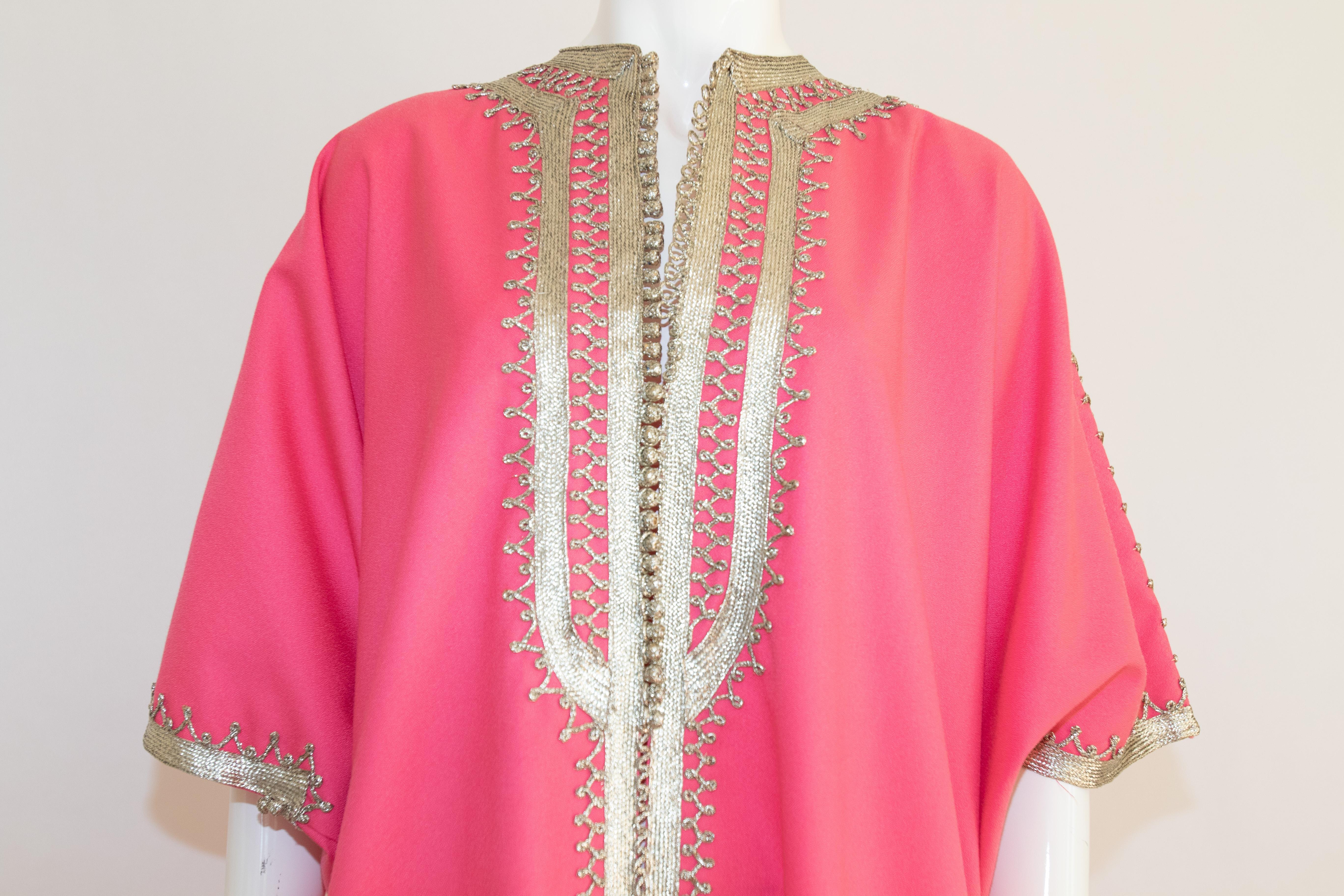 Moroccan Caftan Pink Color with Silver Trim, Vintage Kaftan circa 1970 For Sale 2