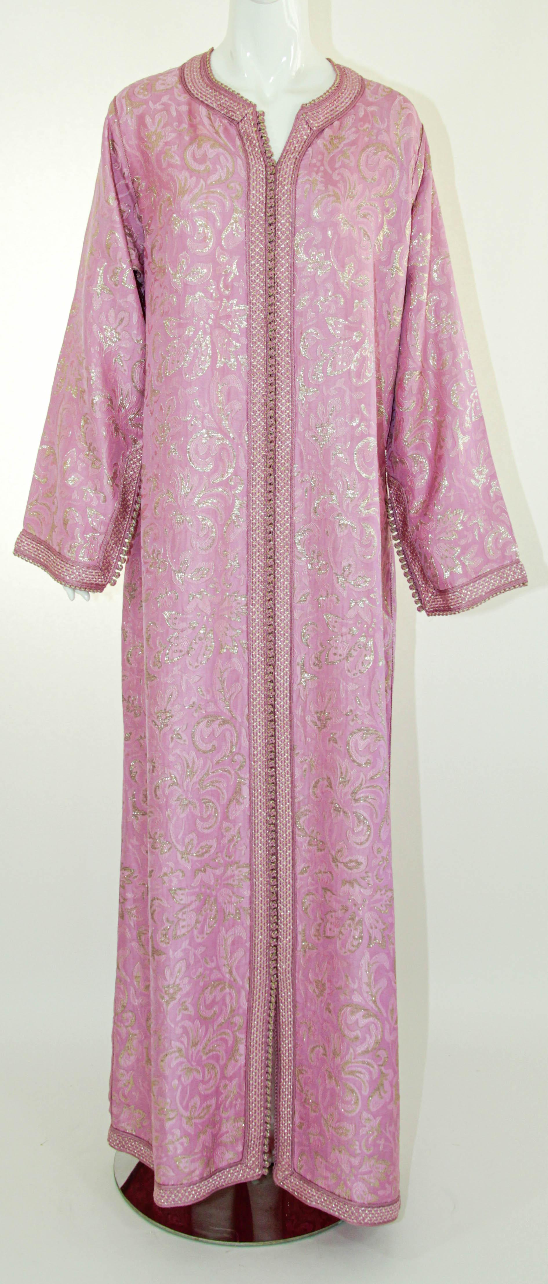 Brown Moroccan Caftan Pink Gold Damask Embroidered Kaftan 1960s For Sale