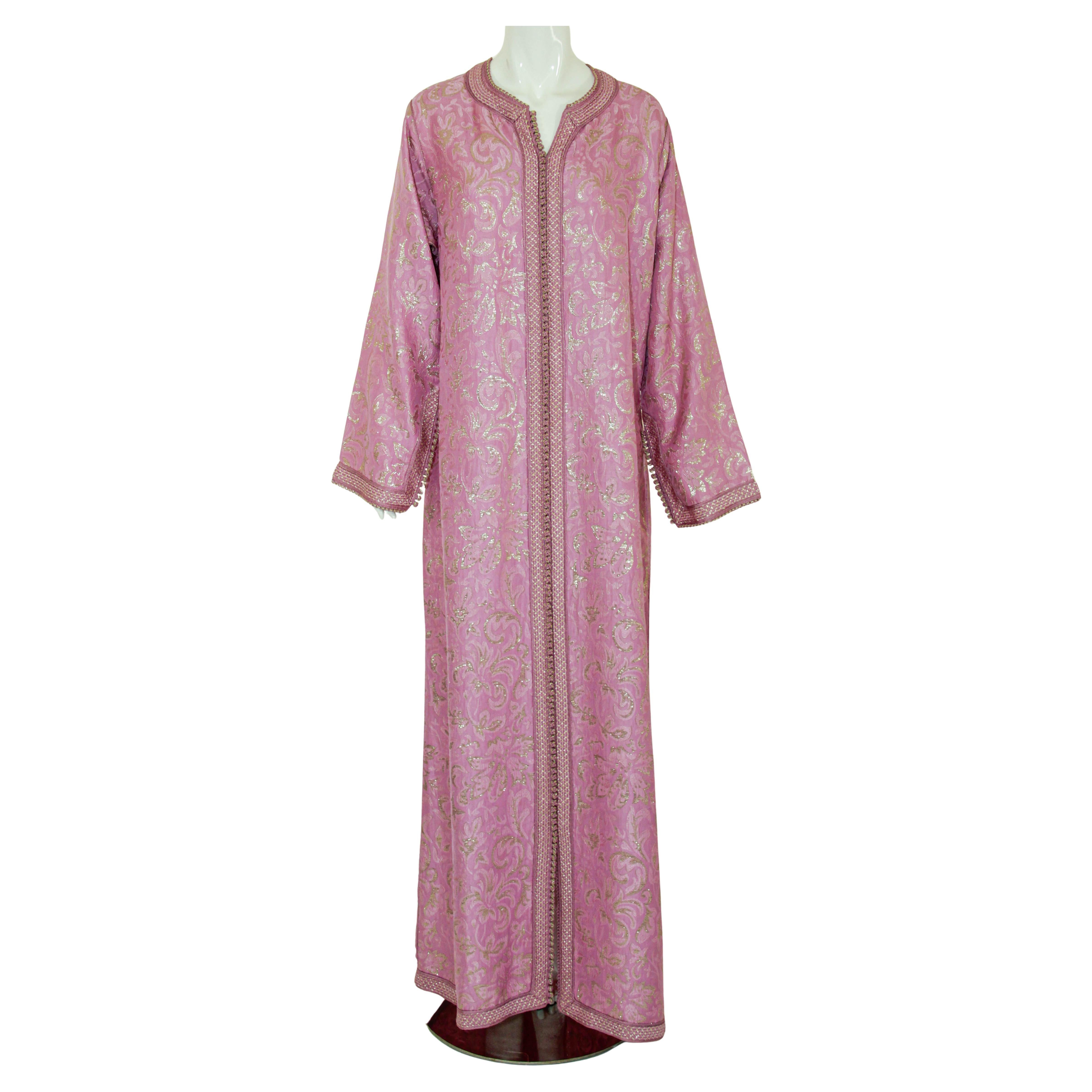 Moroccan Caftan Pink Gold Damask Embroidered Kaftan 1960s For Sale