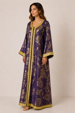 Moroccan Caftan Purple and Gold Damask Embroidered Vintage Kaftan 1960s