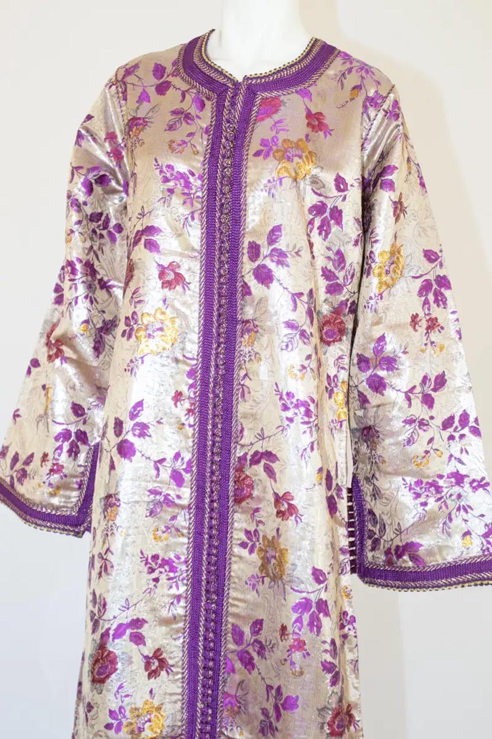 Gray Moroccan Caftan Purple and Silver Damask Embroidered, Vintage, 1960s