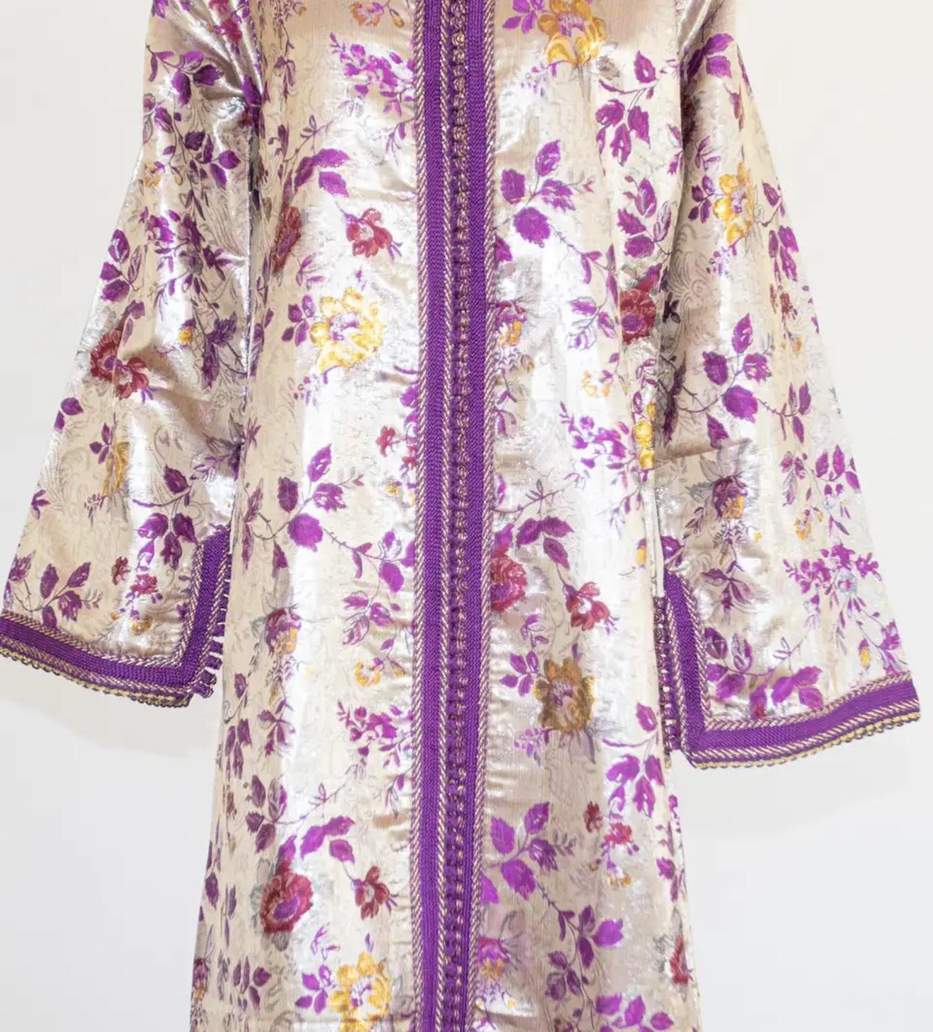 Moroccan Caftan Purple and Silver Damask Embroidered, Vintage, 1960s 1